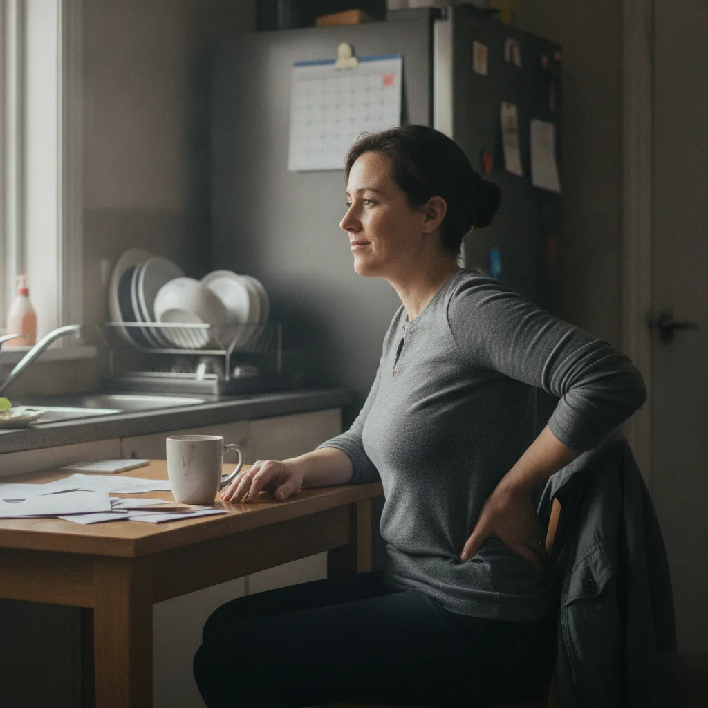 Woman experiencing lower back pain at home in Bradley, IL — the kind of daily soft tissue pain therapeutic ultrasound addresses