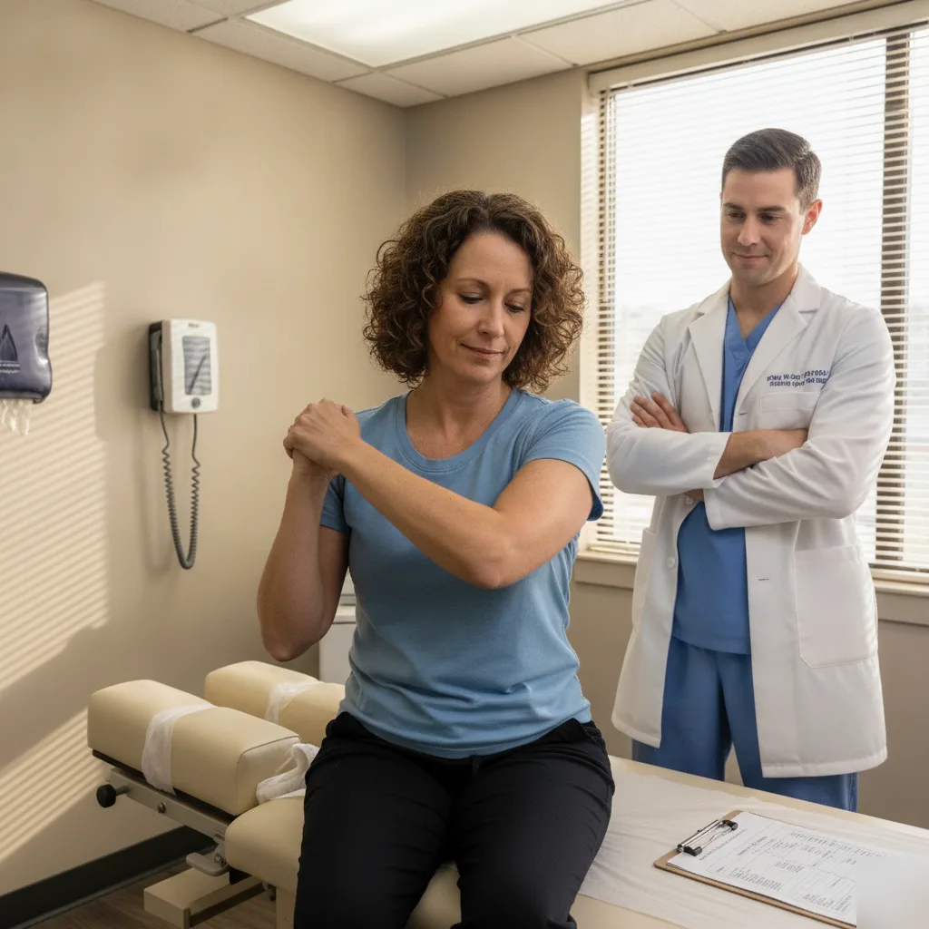Patient rotating her shoulder to assess mobility improvement while a clinician observes after a therapeutic ultrasound session at Serenity Health & Body in Bradley, IL