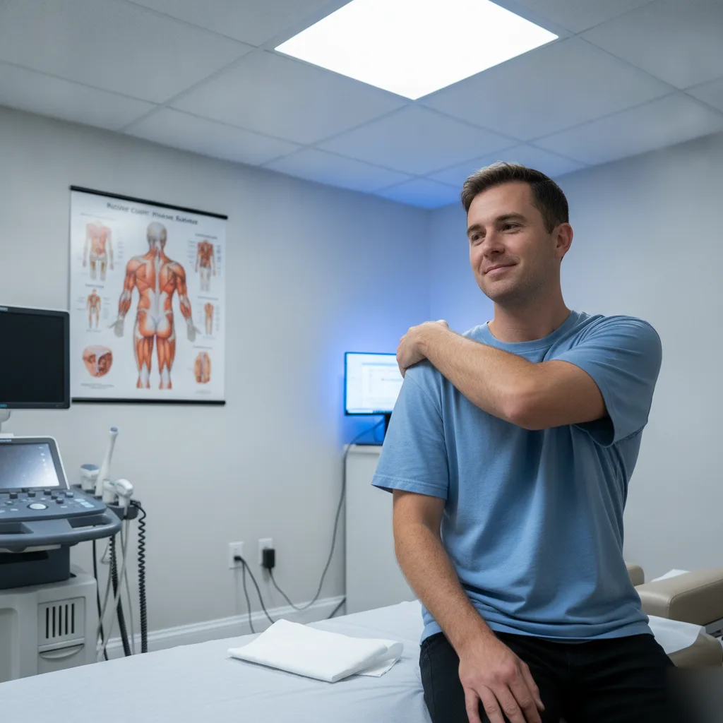 Man checking his shoulder range of motion in the treatment room after a therapeutic ultrasound session at Serenity Health & Body in Bradley, IL
