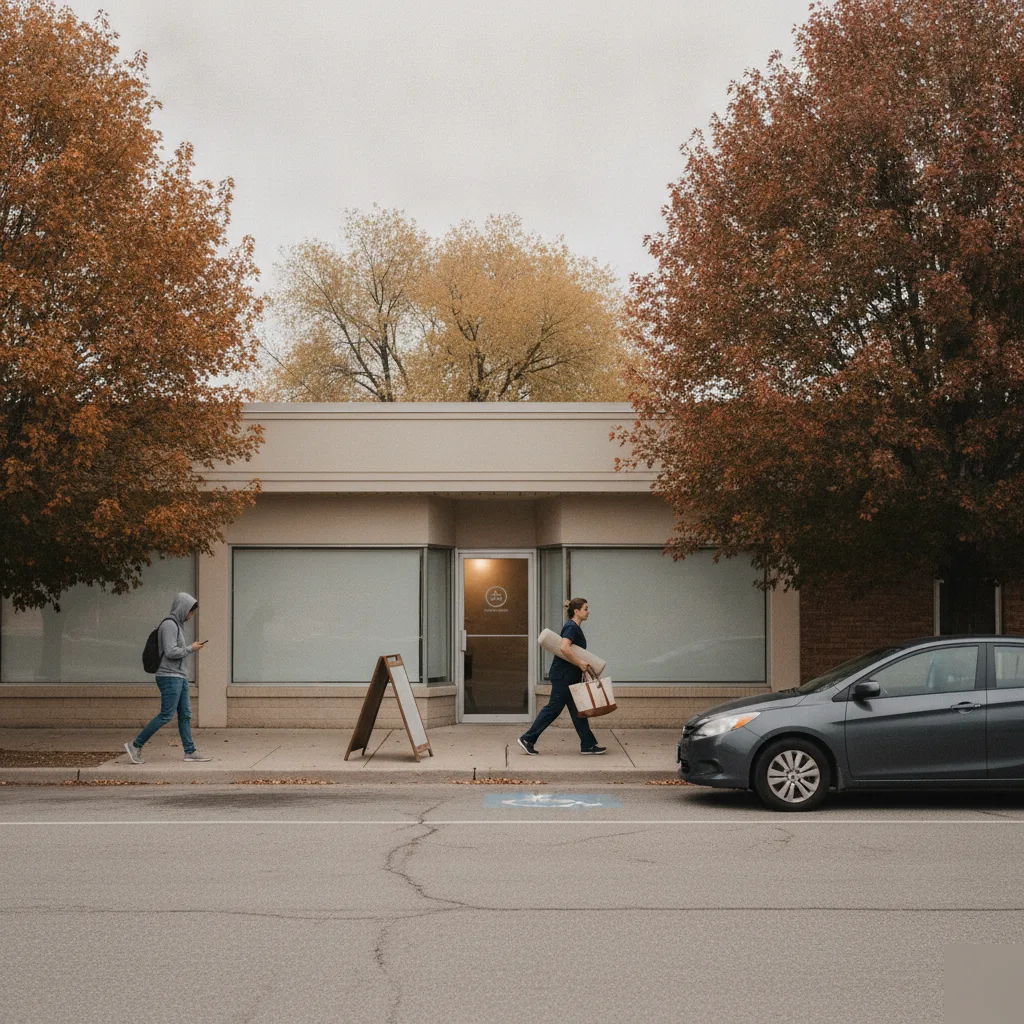 Exterior view of a massage therapy studio storefront on a Bradley, IL street in autumn