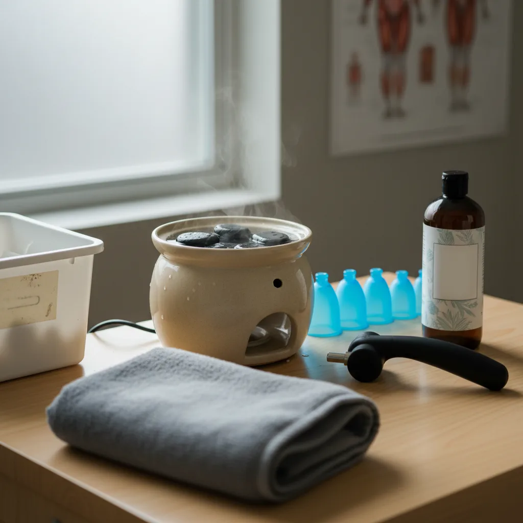 Hot stones, cupping cups, massage oil, and therapeutic tools laid out before a massage session at Serenity Health & Body in Bradley, IL