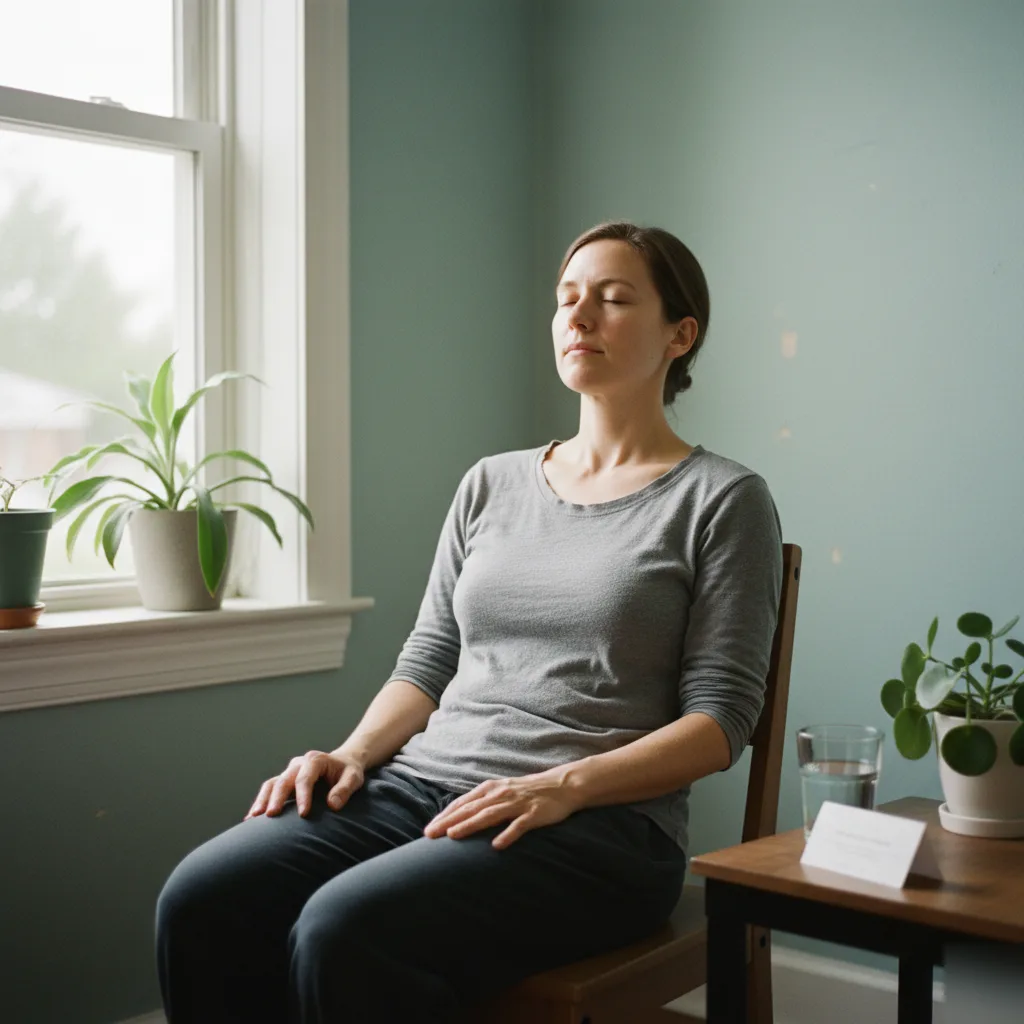 Woman seated calmly with eyes closed in a relaxed, recovered posture after a massage therapy session at Serenity Health & Body in Bradley, IL