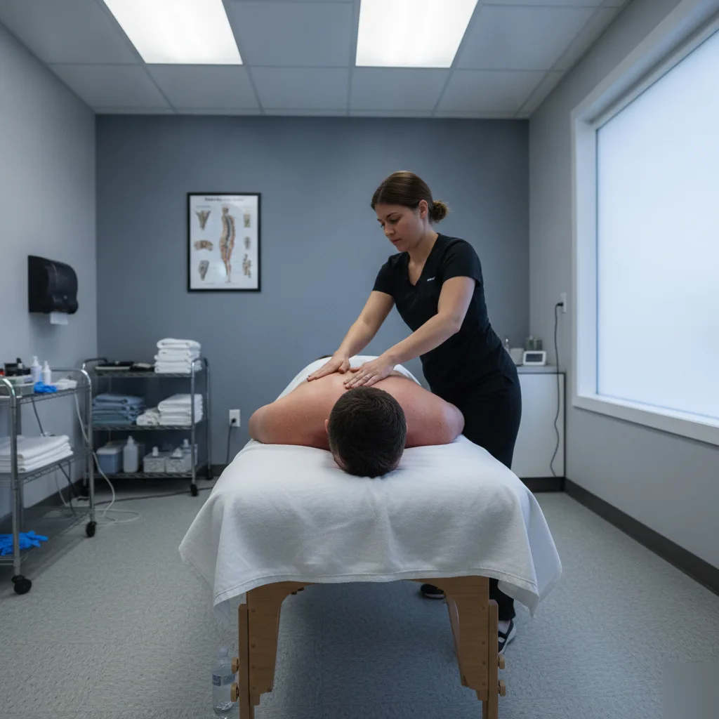 Massage therapist performing effleurage strokes on a patient's back at Serenity Health & Body in Bradley, IL