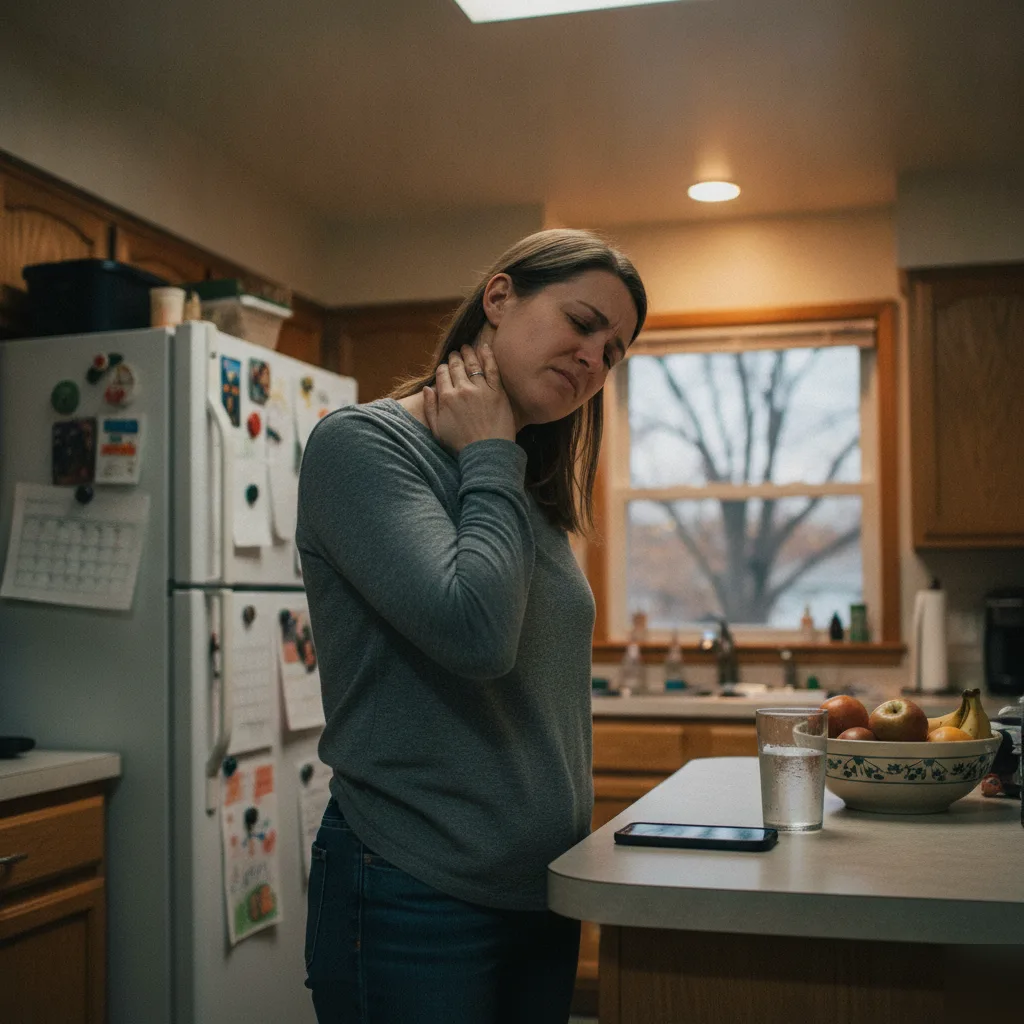 Woman gripping her neck in pain in her kitchen in Bradley, IL before seeking Swedish massage therapy at Serenity Health & Body
