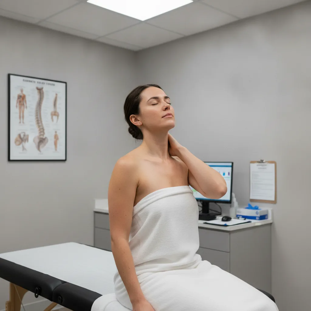 Woman seated on a treatment table, eyes closed and head tilted back in relief after a Swedish massage session at Serenity Health & Body in Bradley, IL