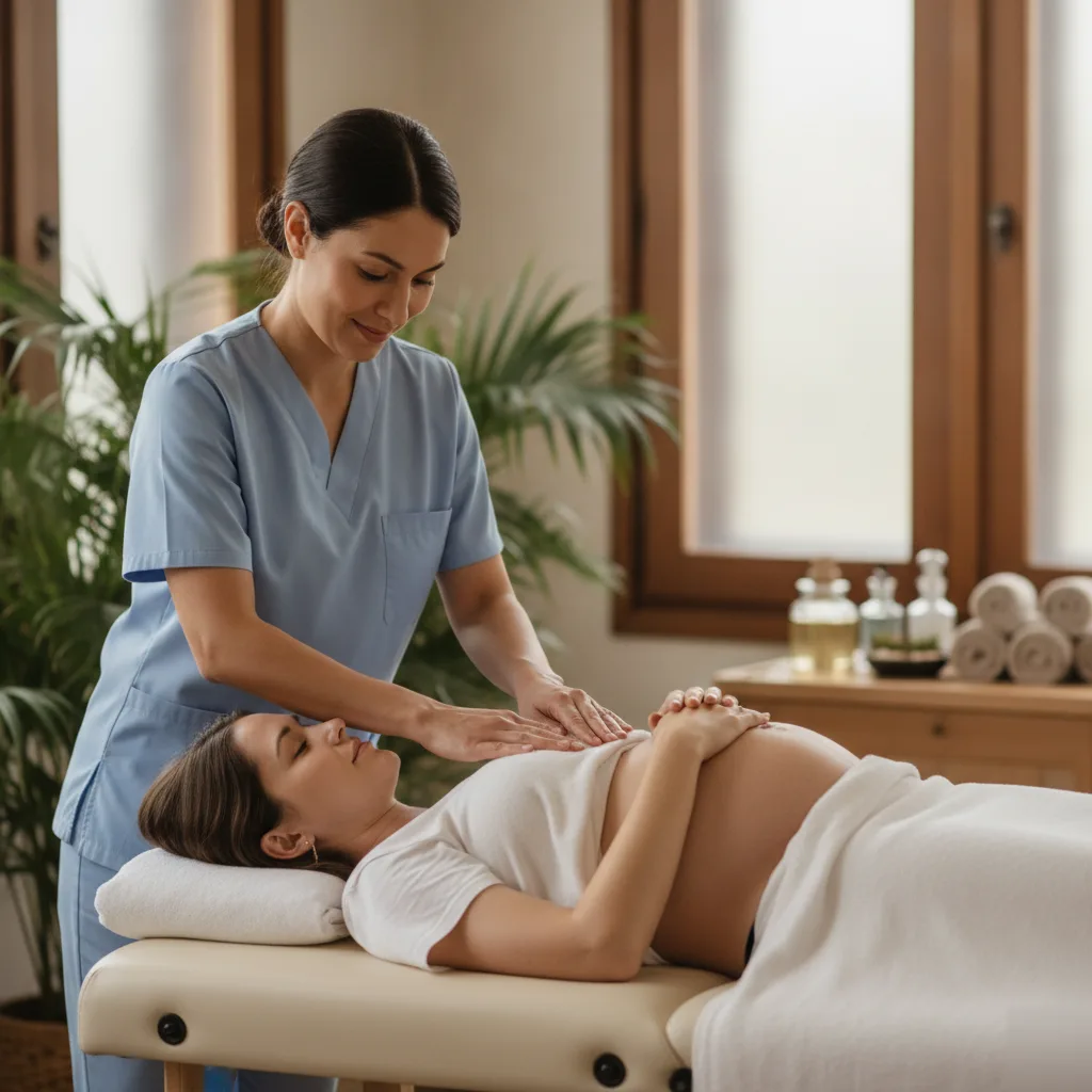 Massage therapist performing prenatal massage on an expecting mother at Serenity Health & Body in Bradley, IL