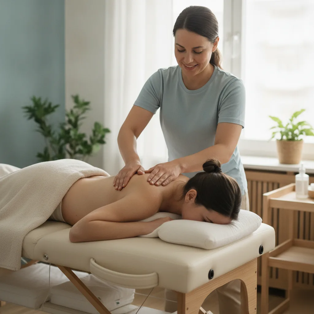 Massage therapist performing back and shoulder work on a patient during a prenatal massage session in Bradley, IL
