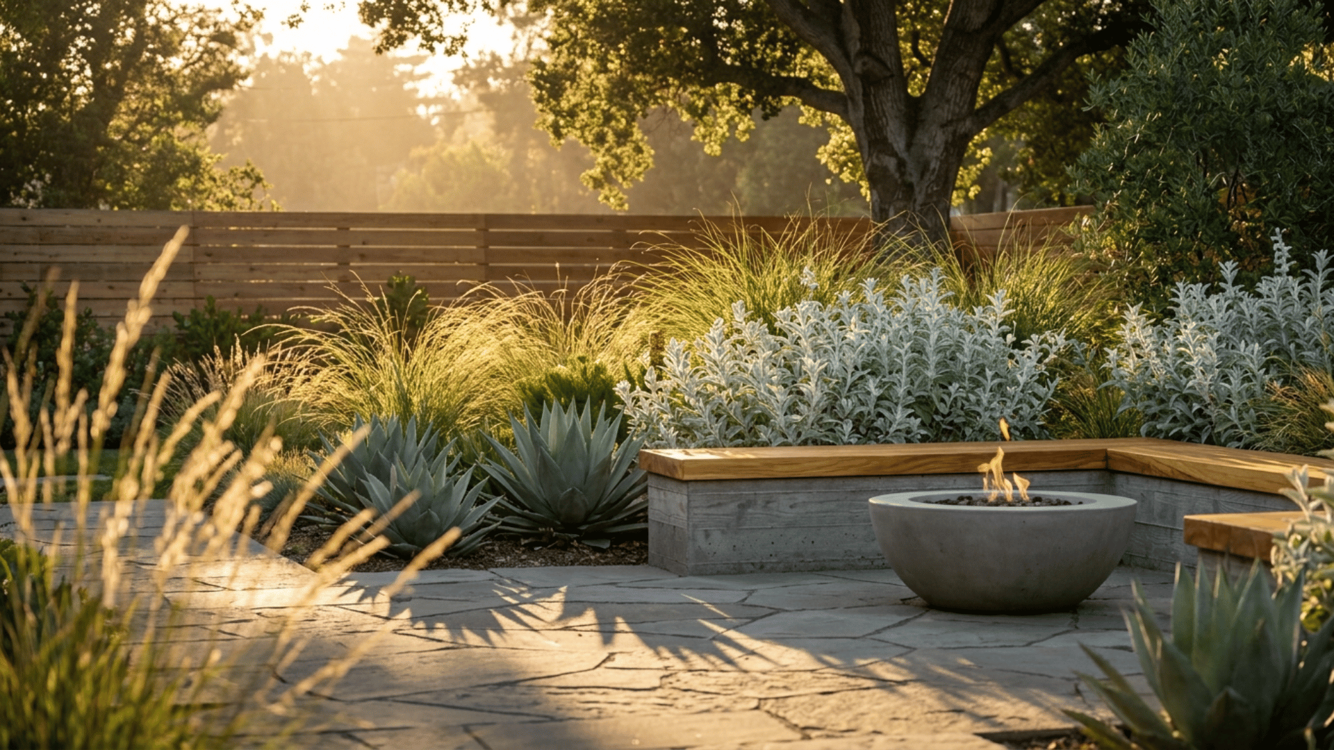 Native garden room with flagstone patio, wood-capped seat wall, and fire bowl at dusk