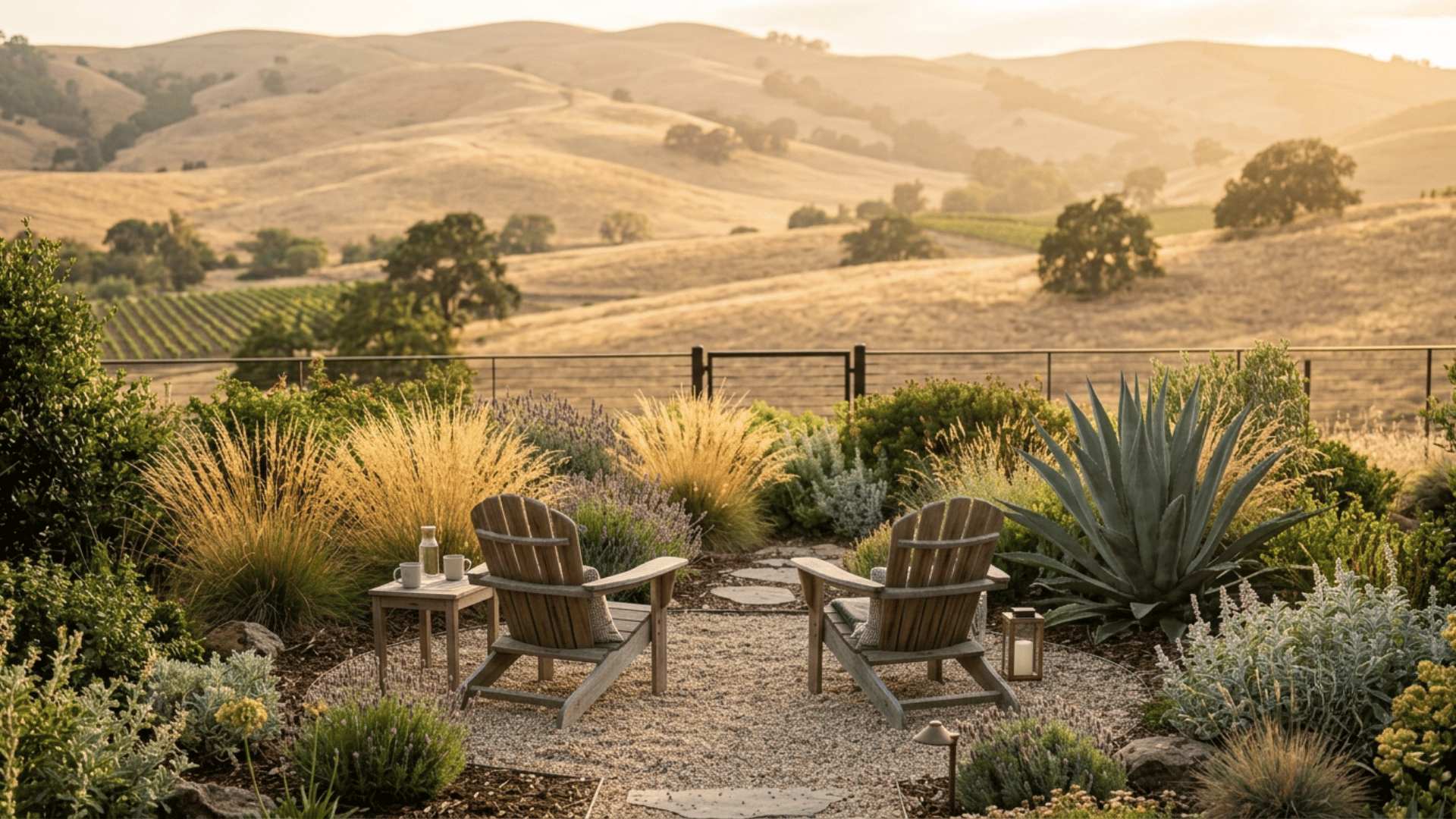 Backyard gravel patio with two wooden chairs facing golden hills at sunset among native grasses