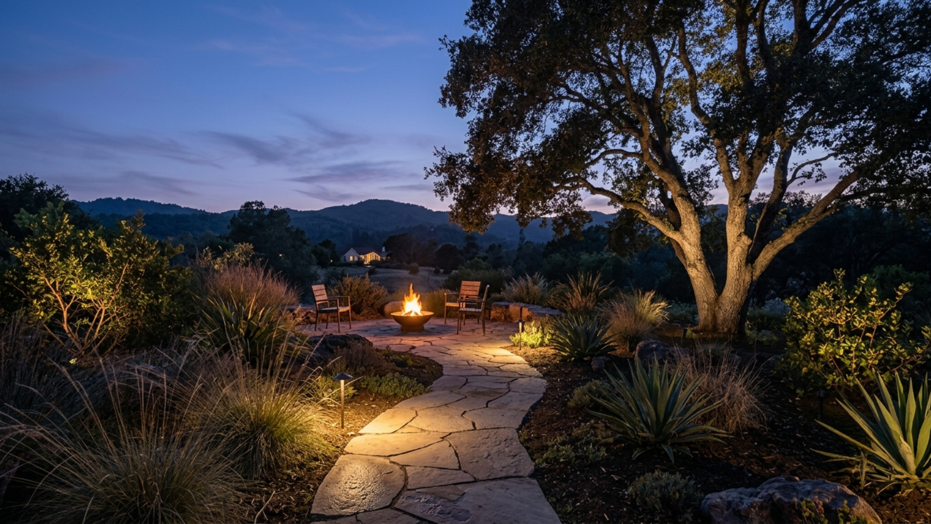 Native garden at dusk with restrained low-voltage lighting and a fire bowl on a flagstone patio