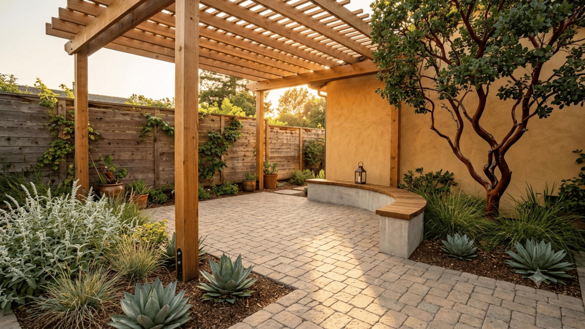 Backyard courtyard with cedar pergola over a paver patio surrounded by native planting