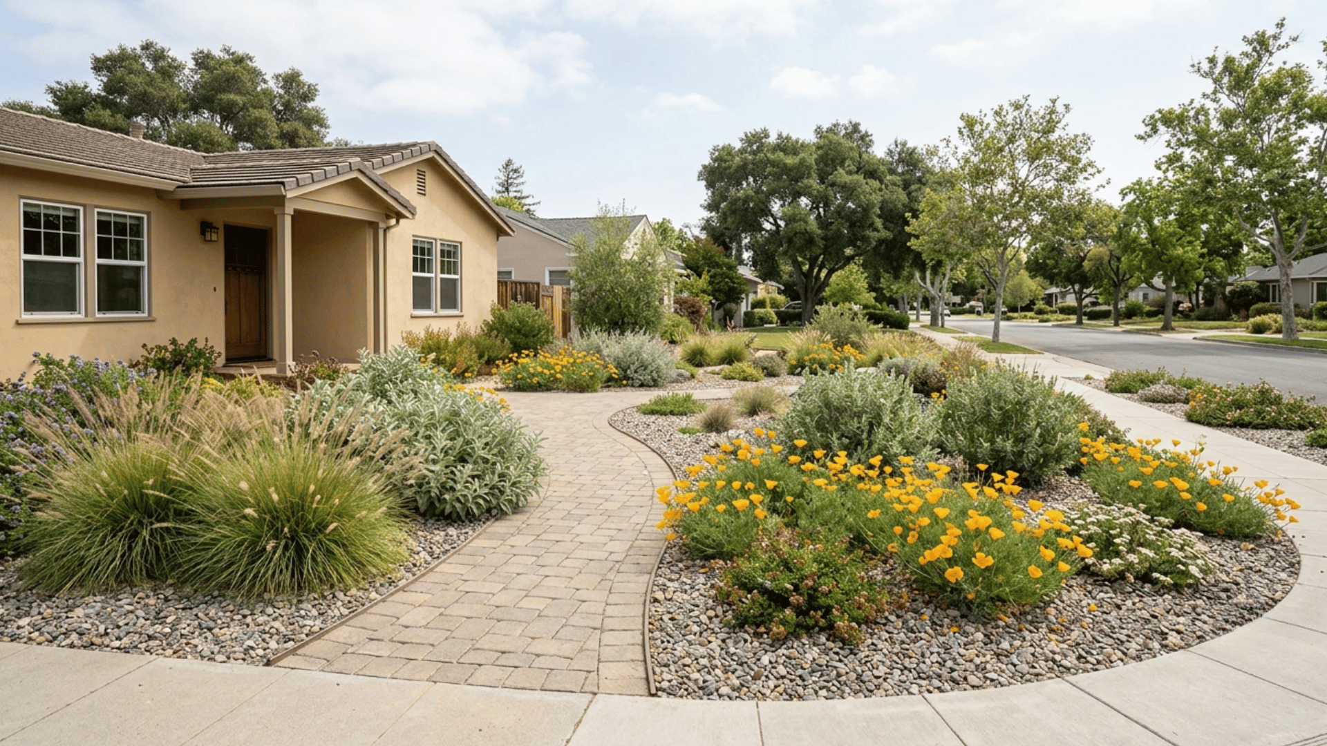 Front yard lawn conversion with native grasses and poppies along a decomposed granite path