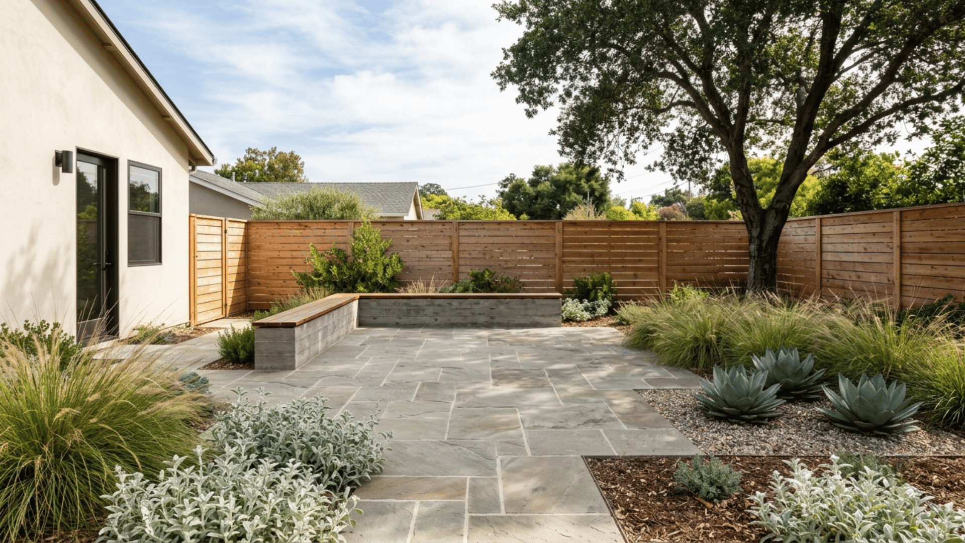 Modern backyard native garden designed around a paver patio with a wood-capped seat wall