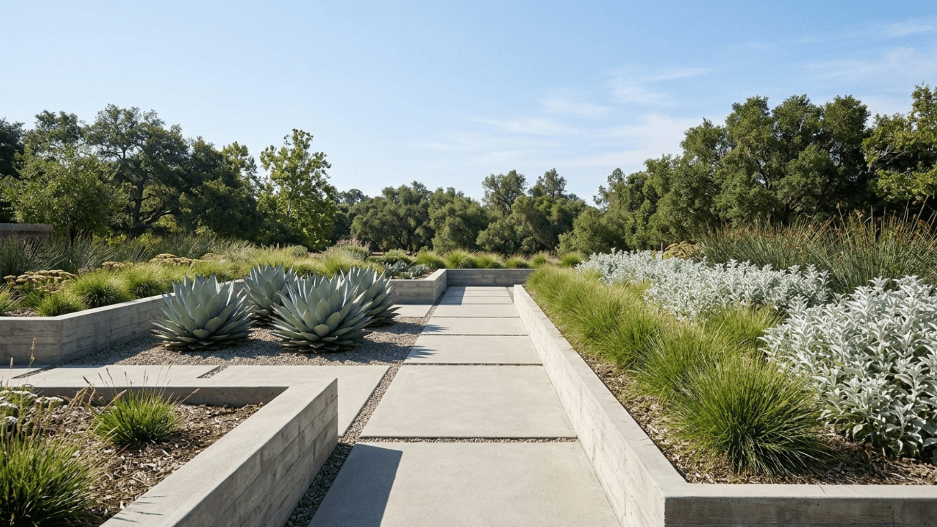 Modern commercial native landscape with concrete walkway, raised planters, agaves, and grasses