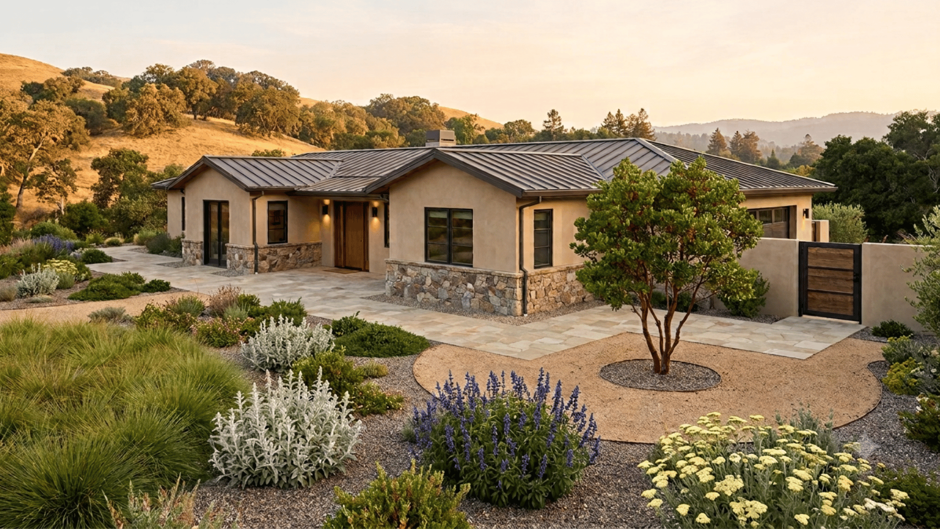 Hardened hillside home in Orinda — five-foot paver walkway flush to the stone base, fire-wise garden groupings beyond, strawberry tree specimen