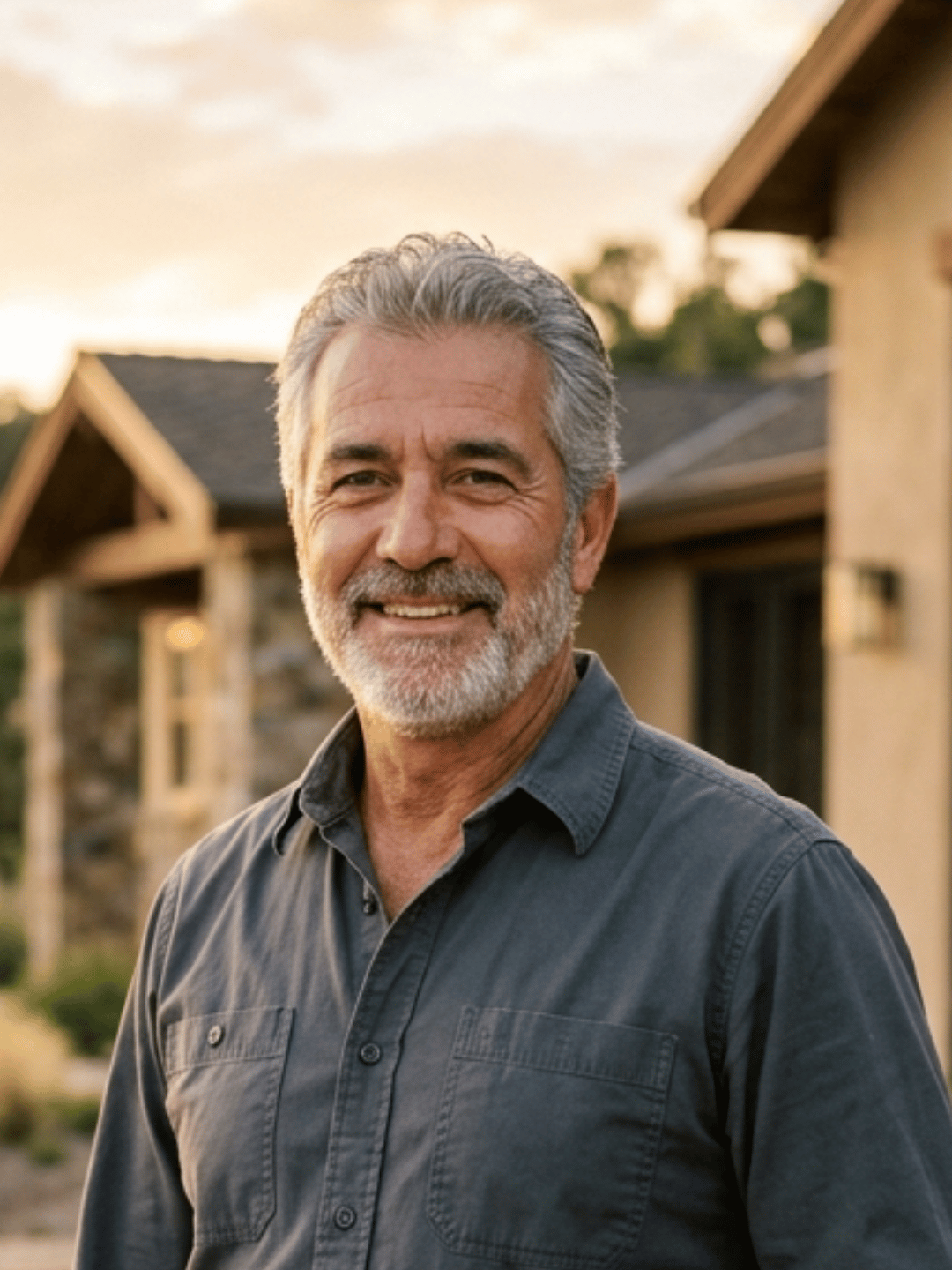 Paul Amaral, Owner of Stoneridge Construction, holding building plans in front of a hardened hillside home at golden hour