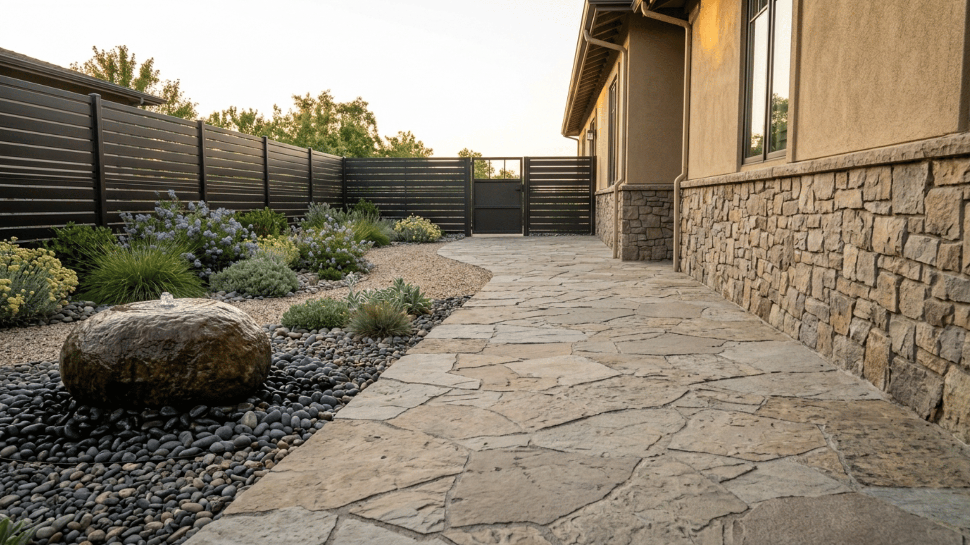 Five-foot stone walkway flush against a Moraga home with boulder fountain and fire-wise garden groupings beyond