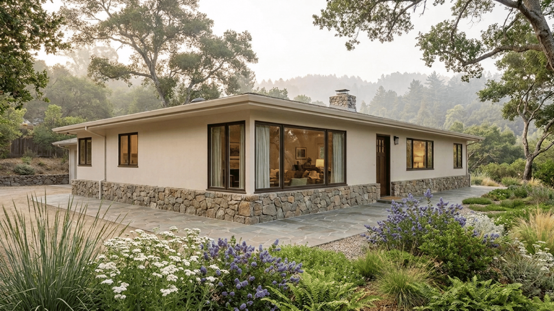 Mid-century Berkeley Hills home with new stucco, dual-pane windows, stone base, and mature oaks limbed high