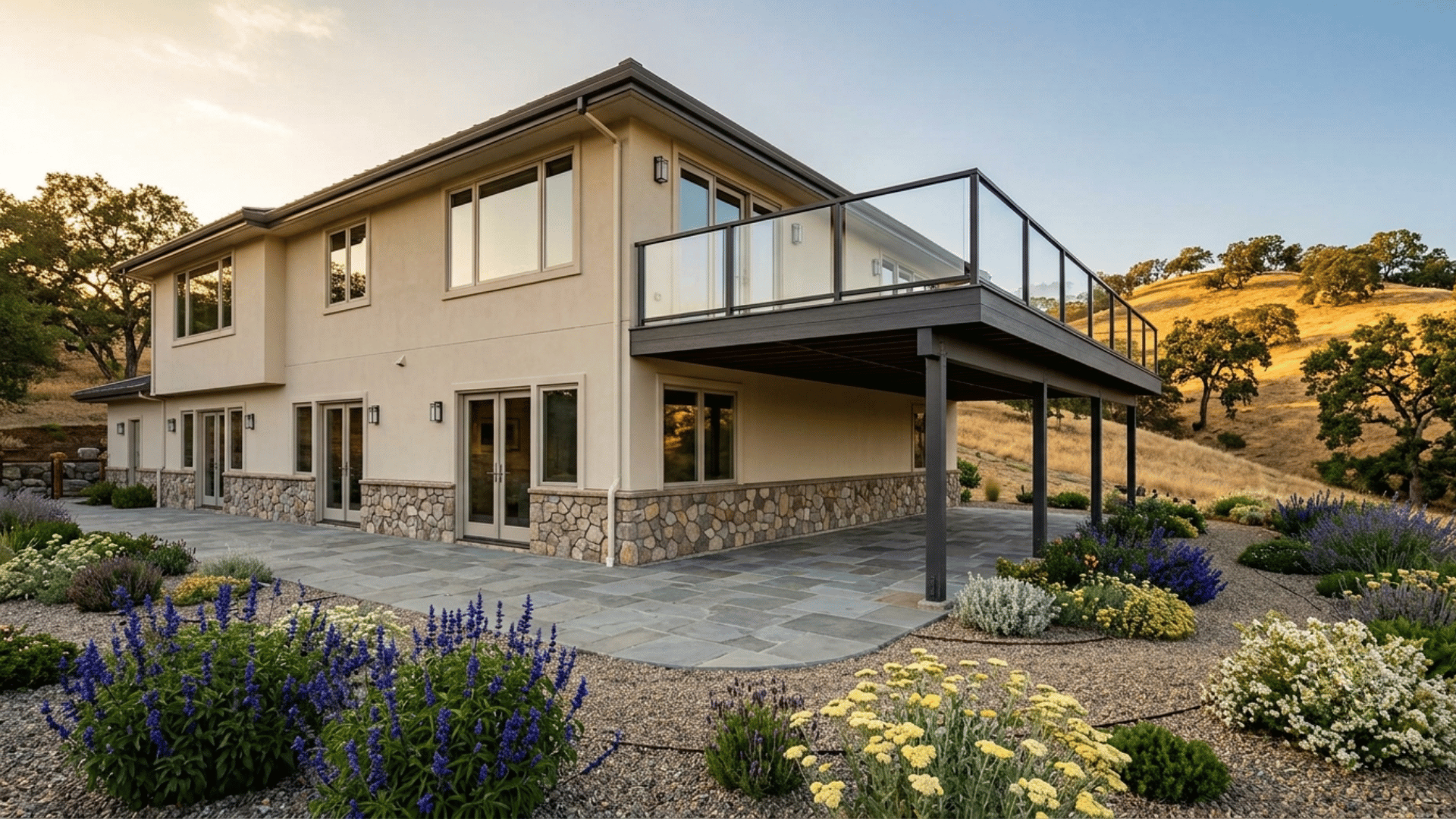Two-story Danville home with a rebuilt deck on steel framing, glass rail, and clear ground beneath, overlooking golden hills