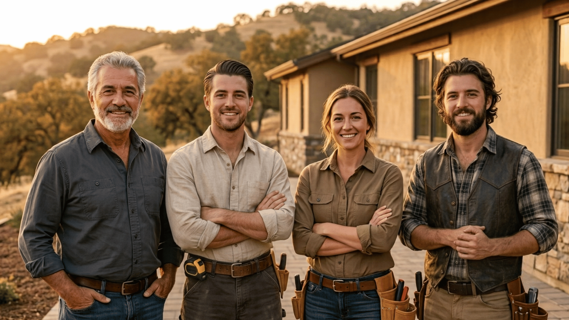 The Amaral family crew of Stoneridge Construction, shoulder to shoulder in front of a hardened California hills home at golden hour