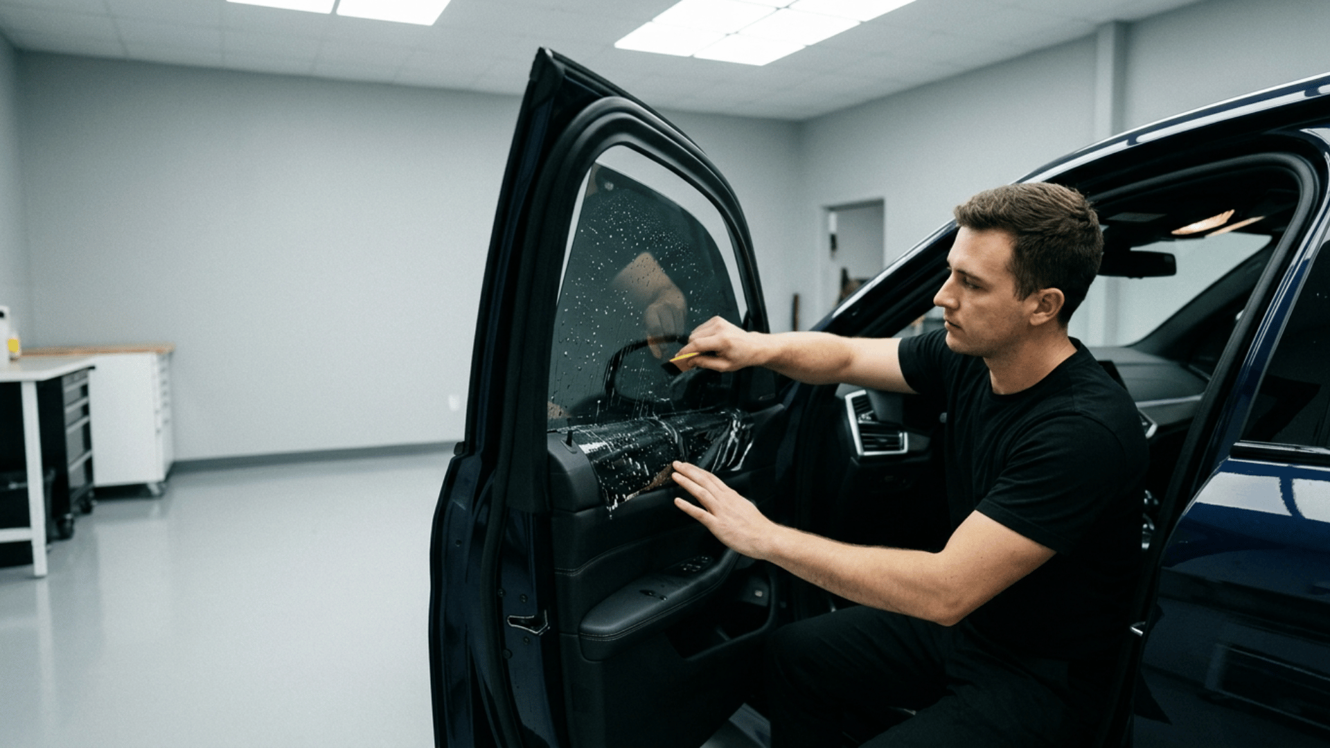 Window tint being applied to the inside of a car window