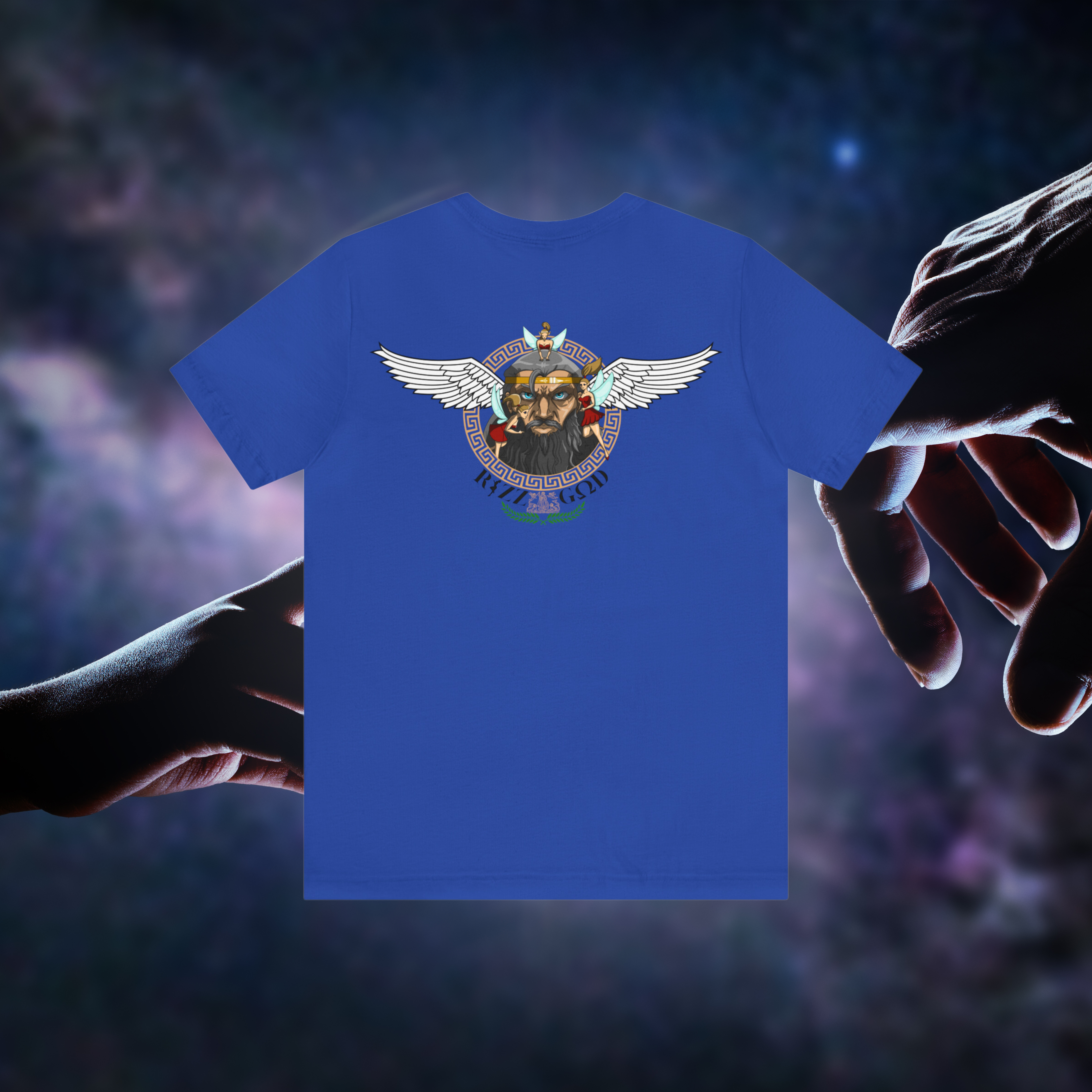 Rizz God V2 back design on a royal blue t-shirt