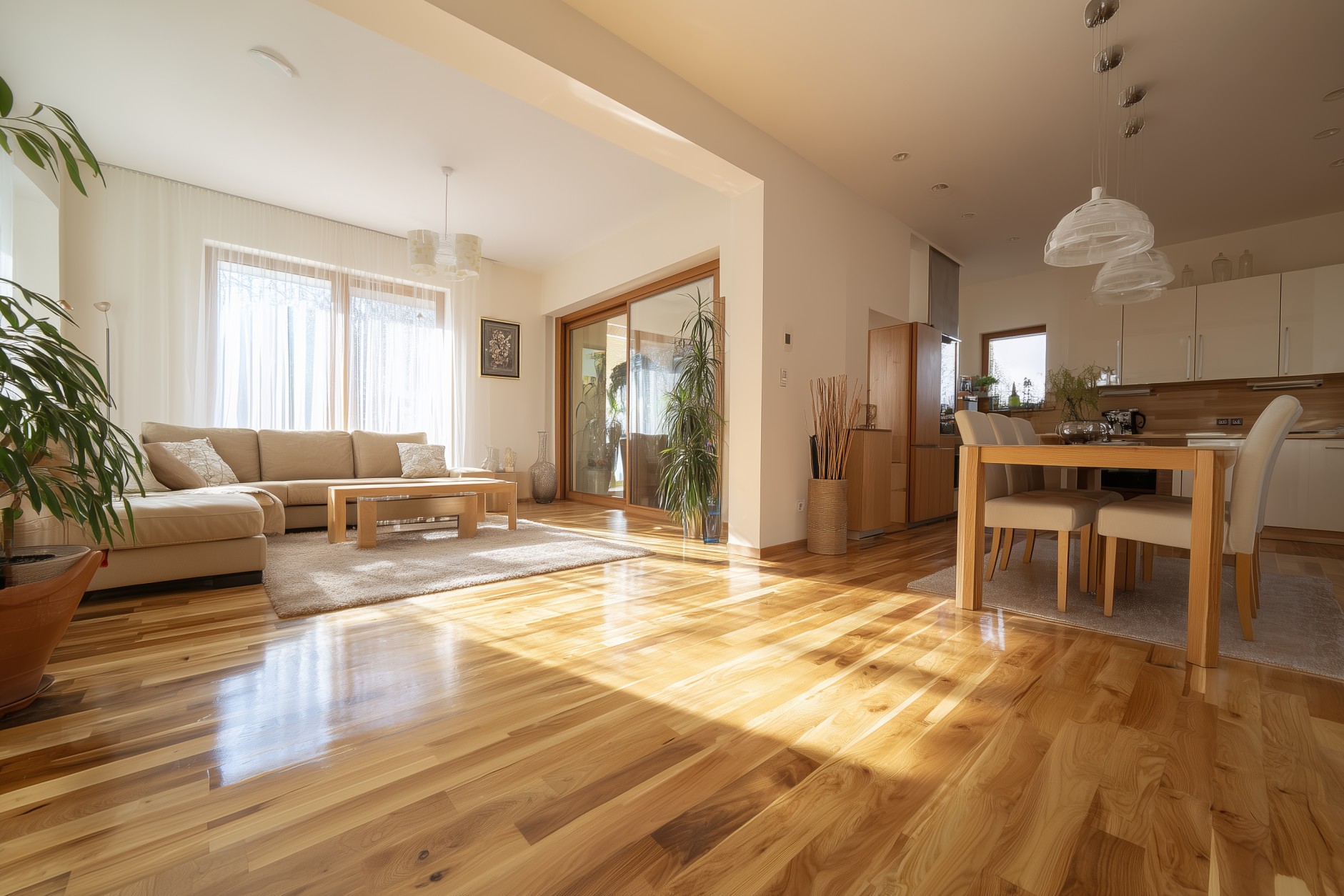 Real estate agent showing property to clients with timber floors in foreground