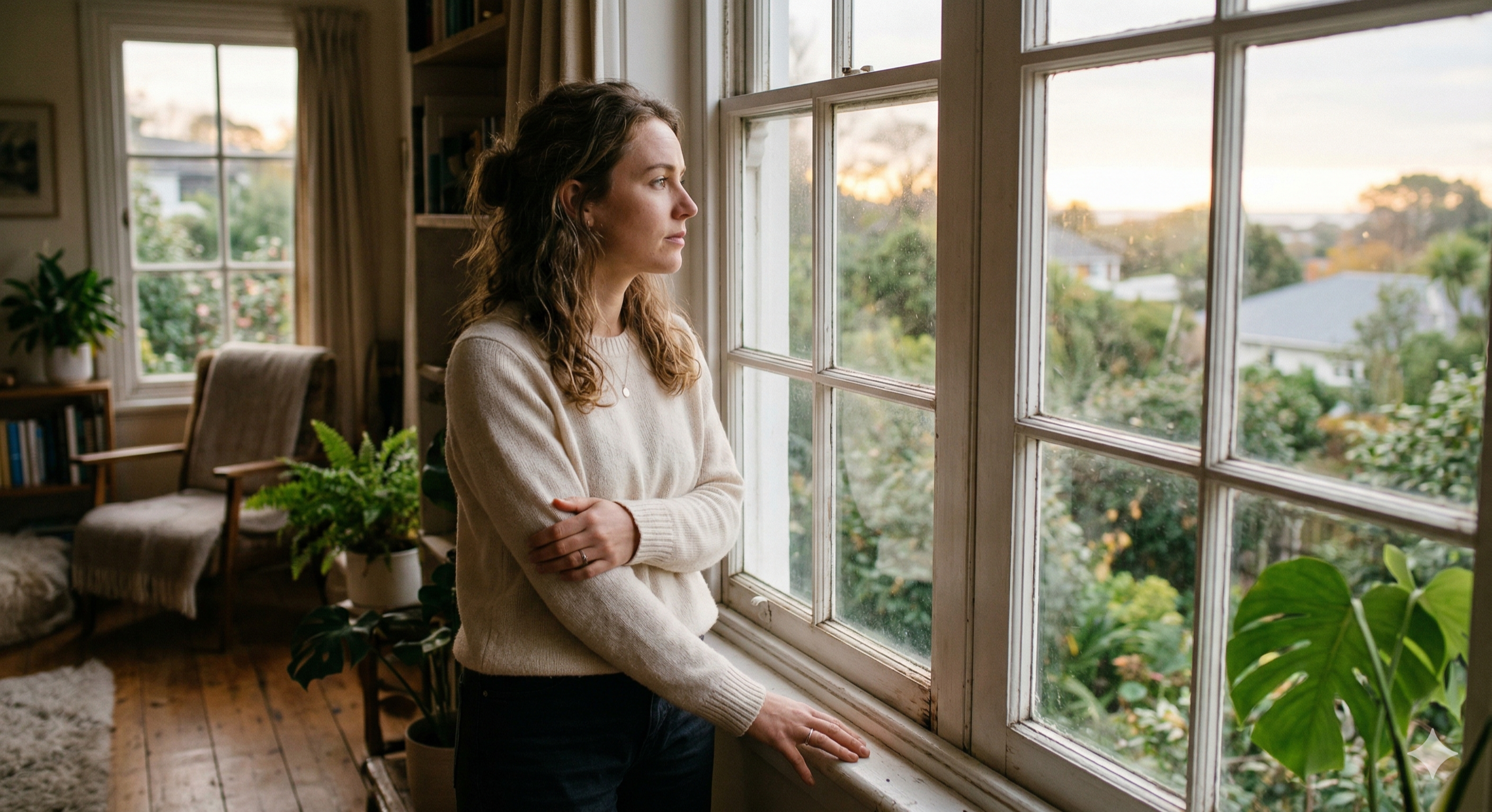 Thoughtful woman standing by a window in soft morning light