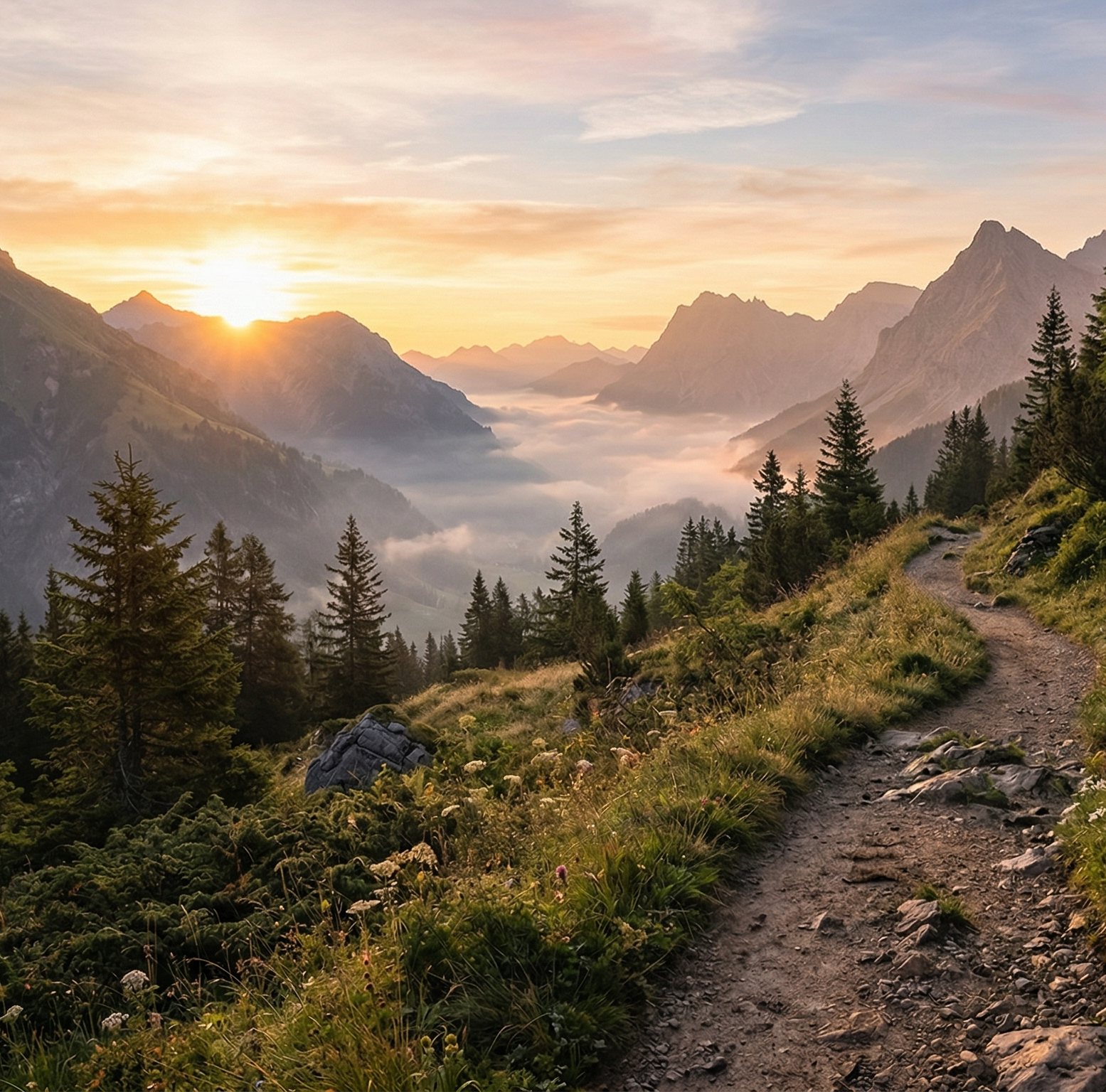 Quiet mountain path at sunrise