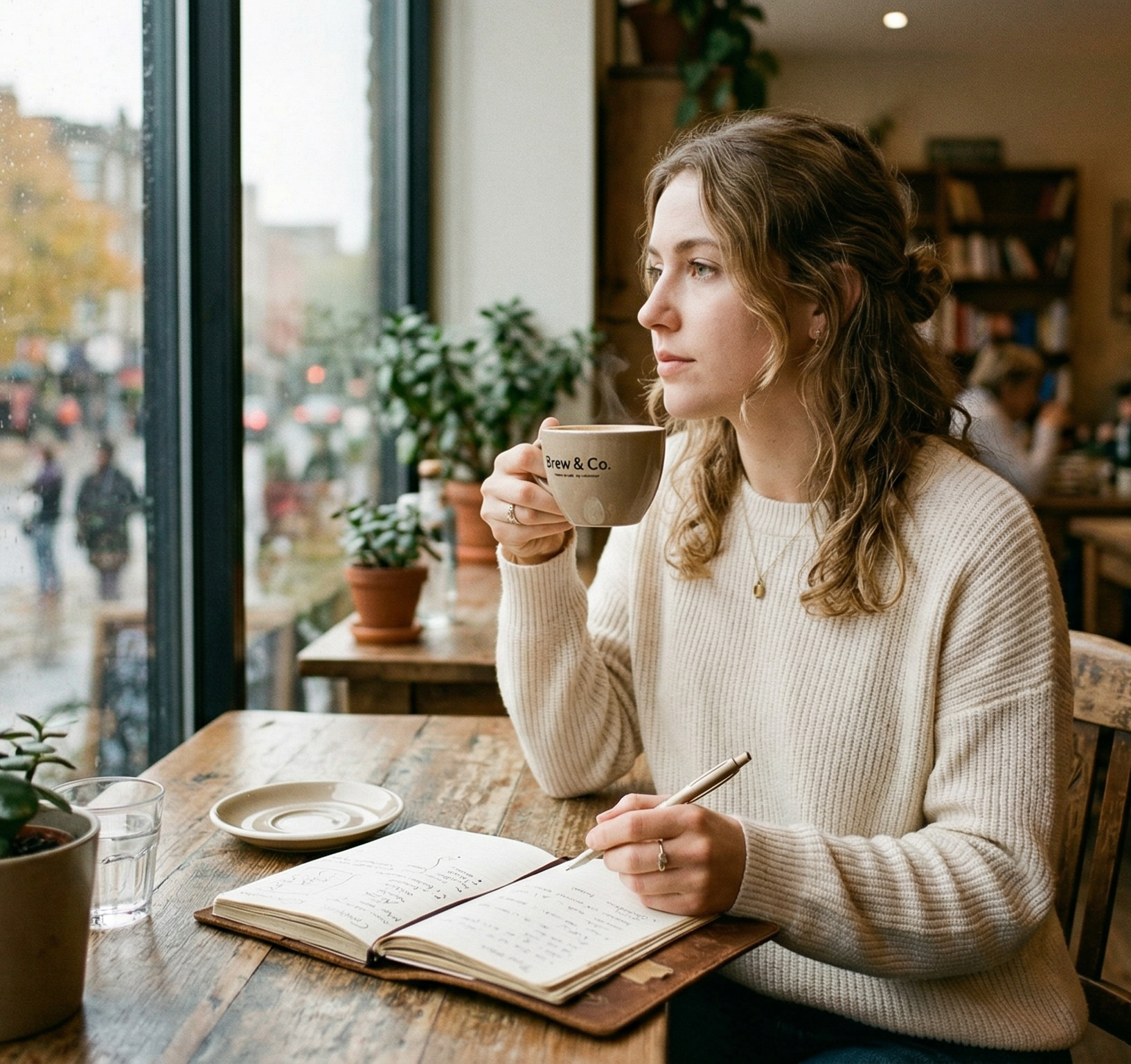 Woman sitting with coffee and notebook, thinking quietly