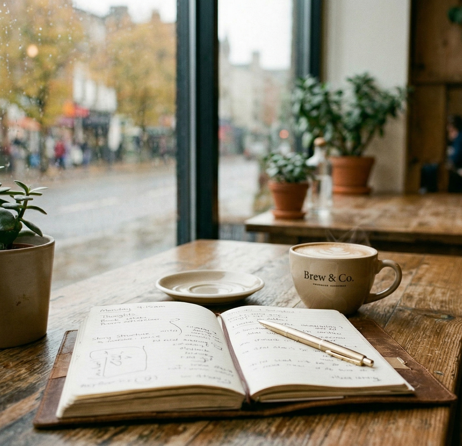Notebook and coffee in calm morning light