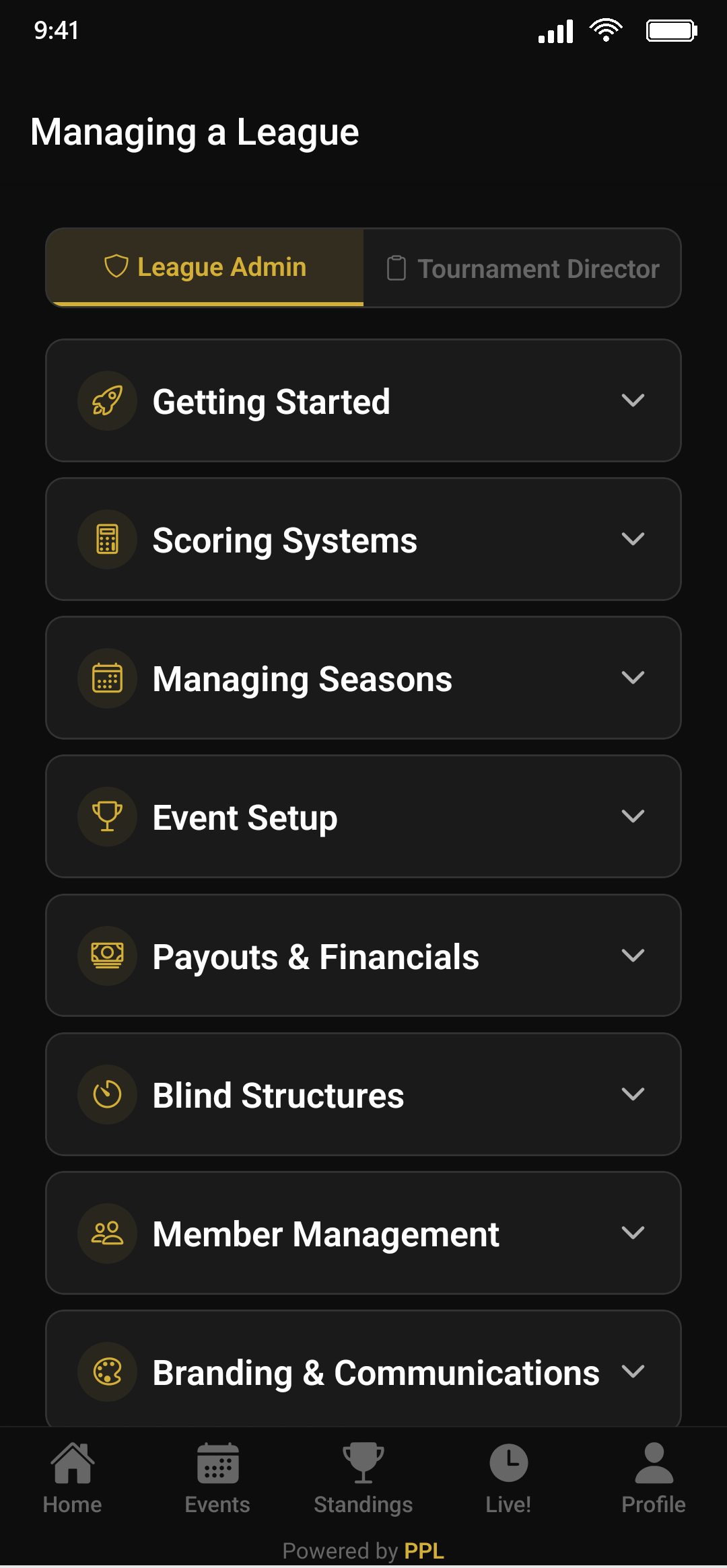 League admin hub on a phone