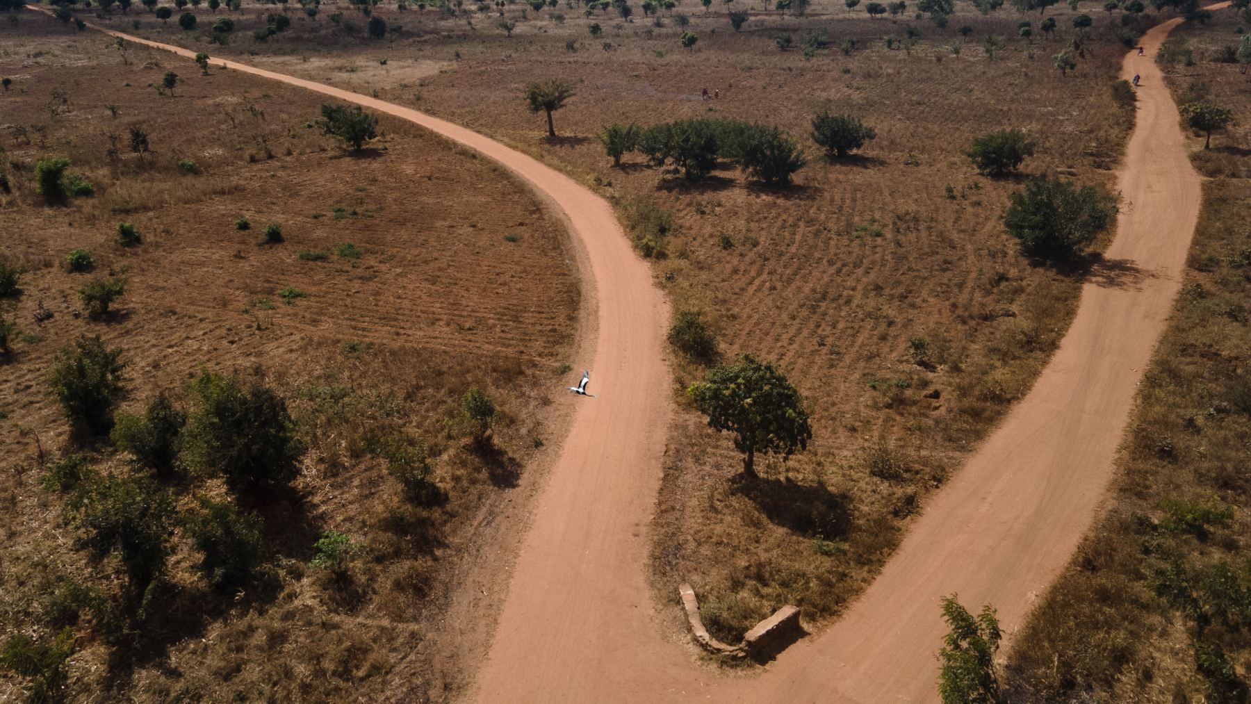 Red dirt road winding through Malawi from above