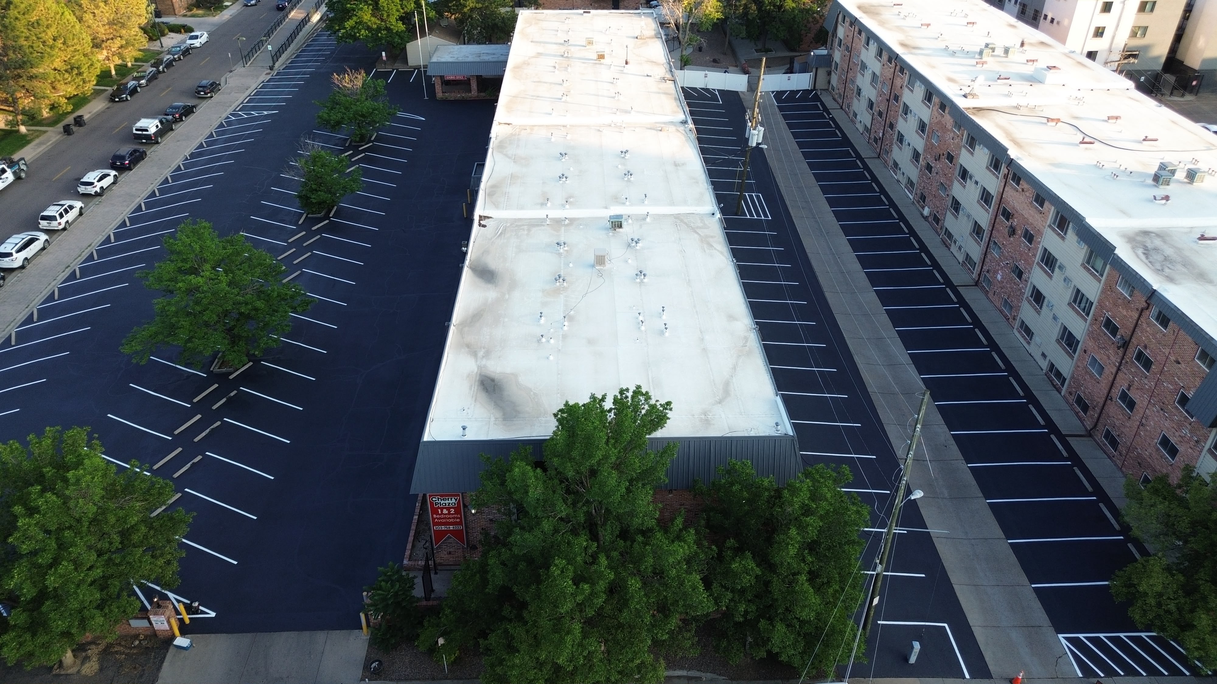 Freshly sealcoated and restriped apartment complex parking lot