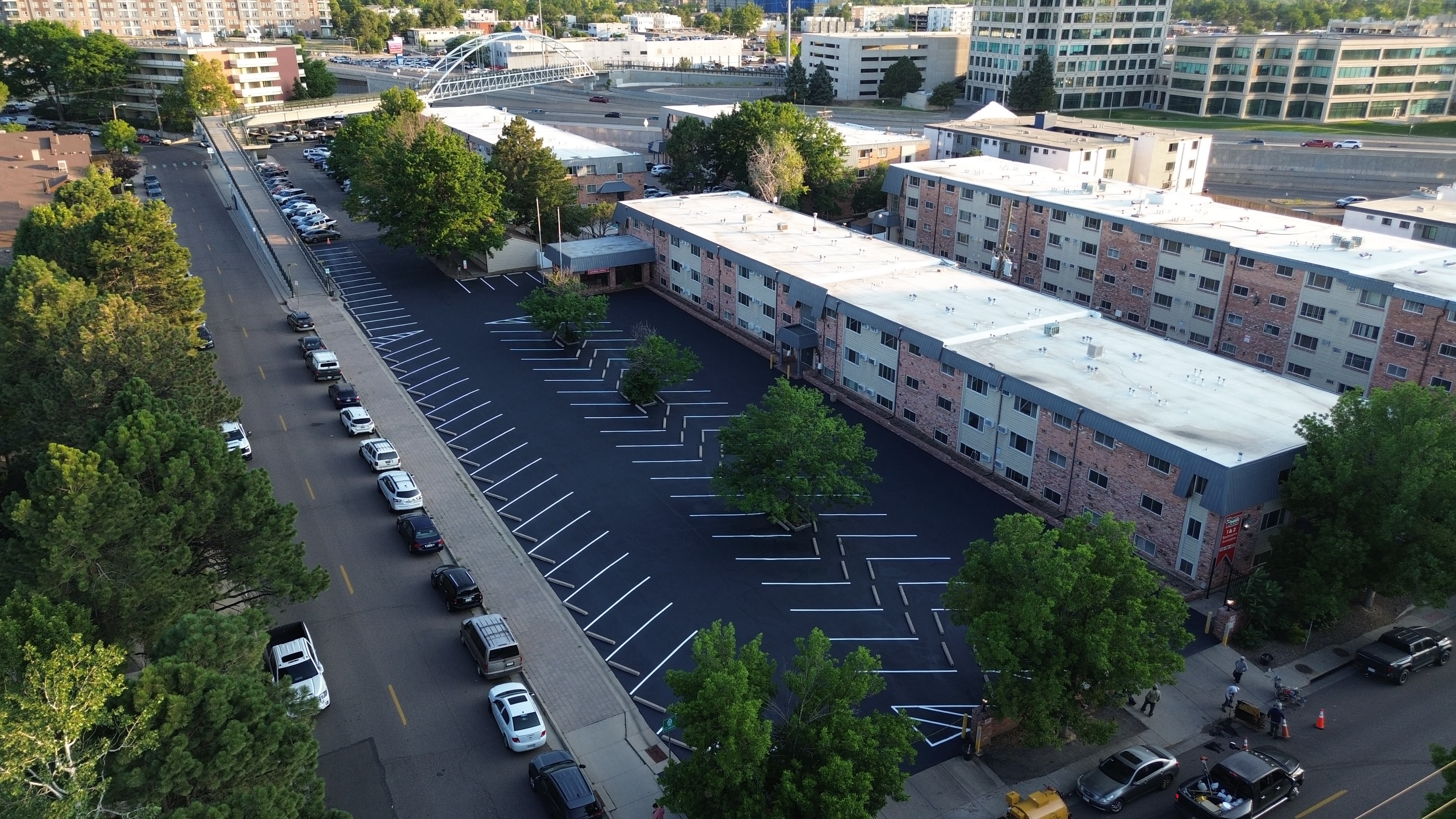 Apartment complex parking lot after sealcoating
