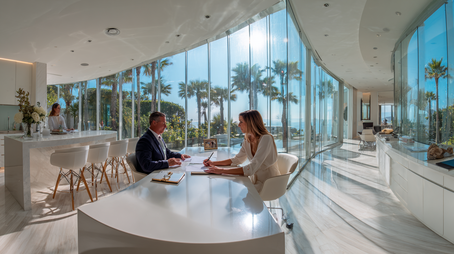 Professional real estate notary meeting with a realtor and client during a closing in a bright modern Tampa office, representing a white glove boutique notary service that elevates the real estate brand and client experience. Professional real estate notary meeting with a realtor and client during a closing in a bright modern Tampa office, representing a white glove boutique notary service that elevates the real estate brand and client experience.