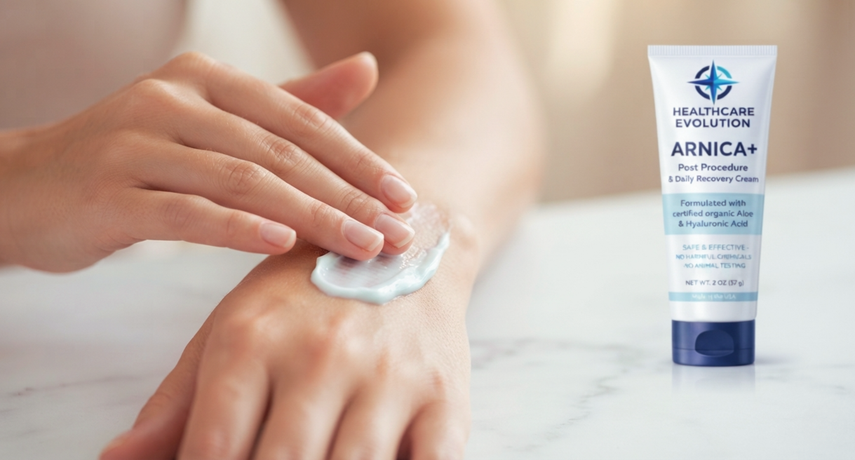 Arnica+ Post Procedure Recovery Cream by Healthcare Evolution applied to skin