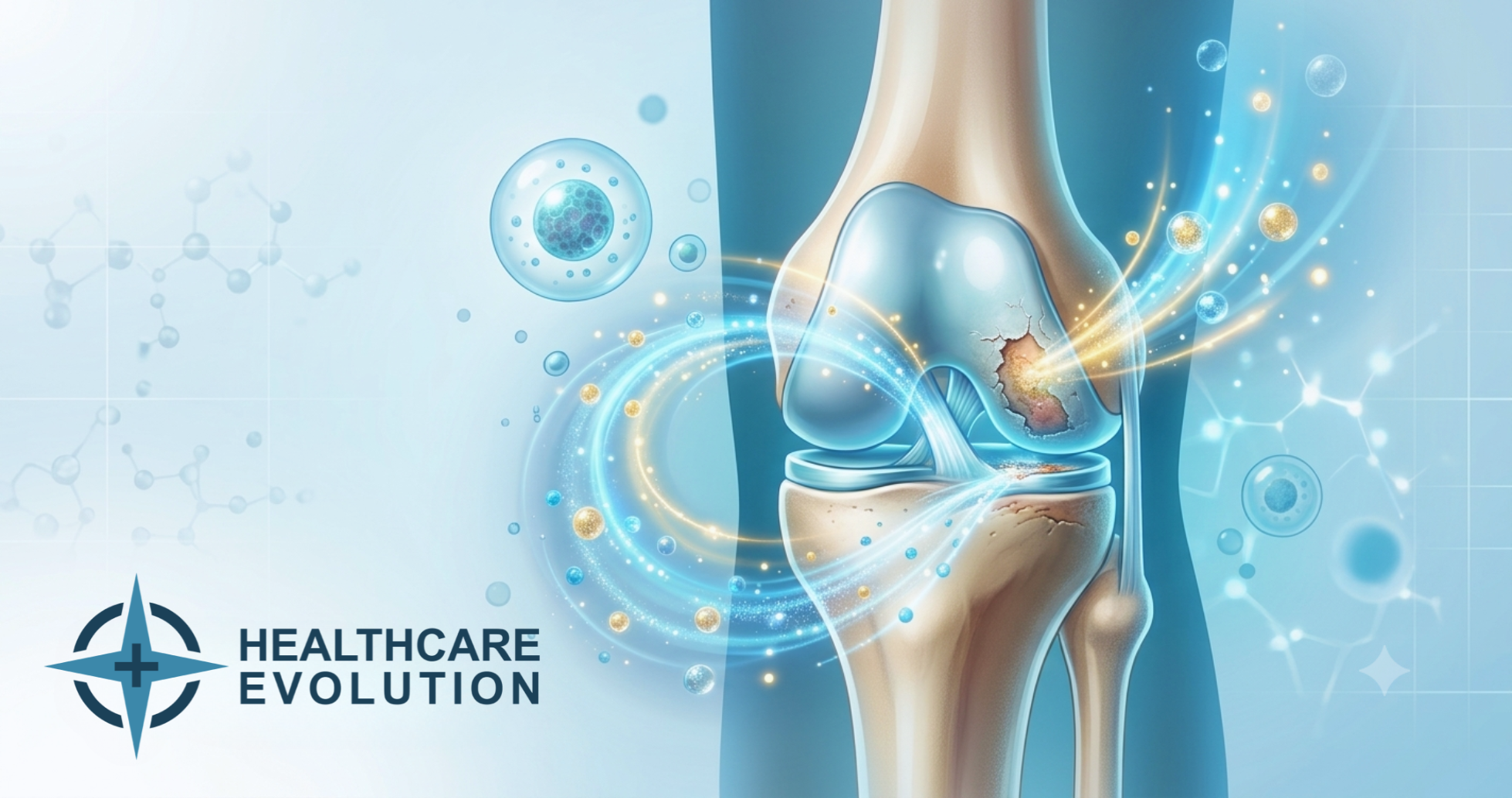 Illustration of Regenerative Cellular Therapy repairing a knee joint, showing cells restoring bone, cartilage, and muscle tissue without surgery. Illustration of Regenerative Cellular Therapy repairing a knee joint, showing cells restoring bone, cartilage, and muscle tissue without surgery.