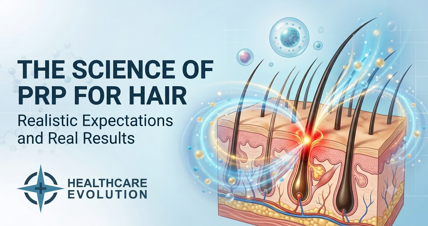 The Science of PRP for Hair banner from Healthcare Evolution, showing a cross section of the scalp with hair follicles, growth factors, and a platelet cell stimulating regrowth.