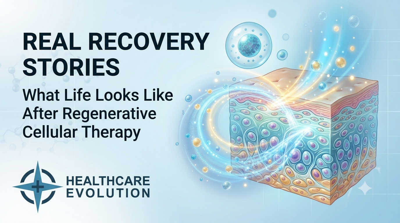 Real Recovery Stories banner from Healthcare Evolution, highlighting a patient's shoulder recovery after Regenerative Cellular Therapy near St. Louis.