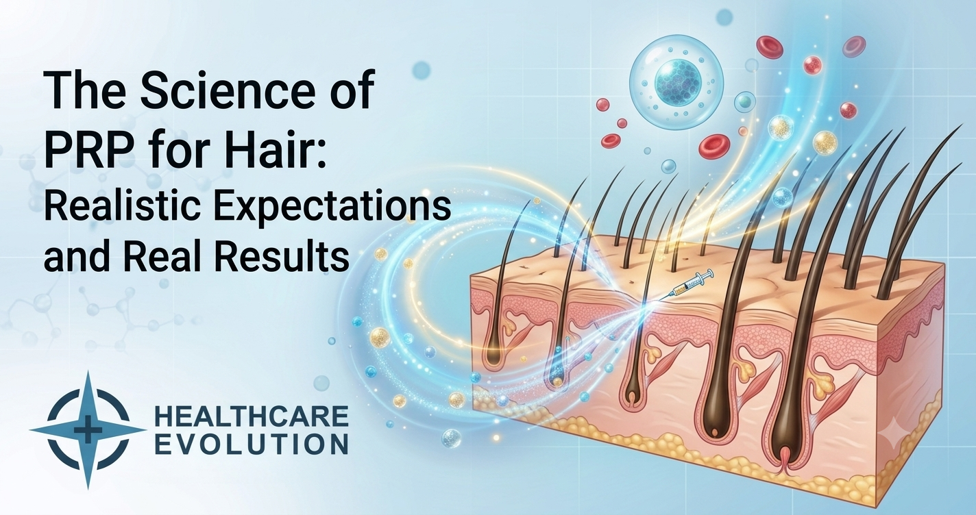 PRP vs Hair Transplant comparison banner from Healthcare Evolution hair restoration near St. Louis.