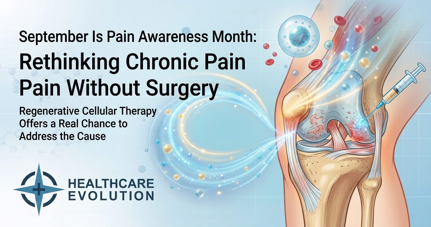 Pain Awareness Month banner from Healthcare Evolution near St. Louis, reading Rethinking Chronic Pain, on treating chronic pain without surgery.