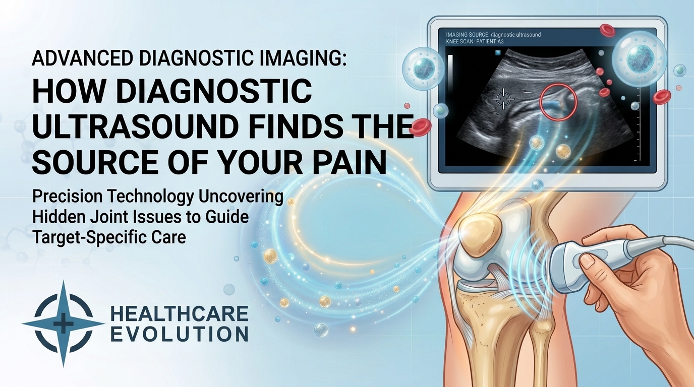 Diagnostic ultrasound cover from Healthcare Evolution near St. Louis, reading See the Source of Your Pain, on finding the source of joint pain.