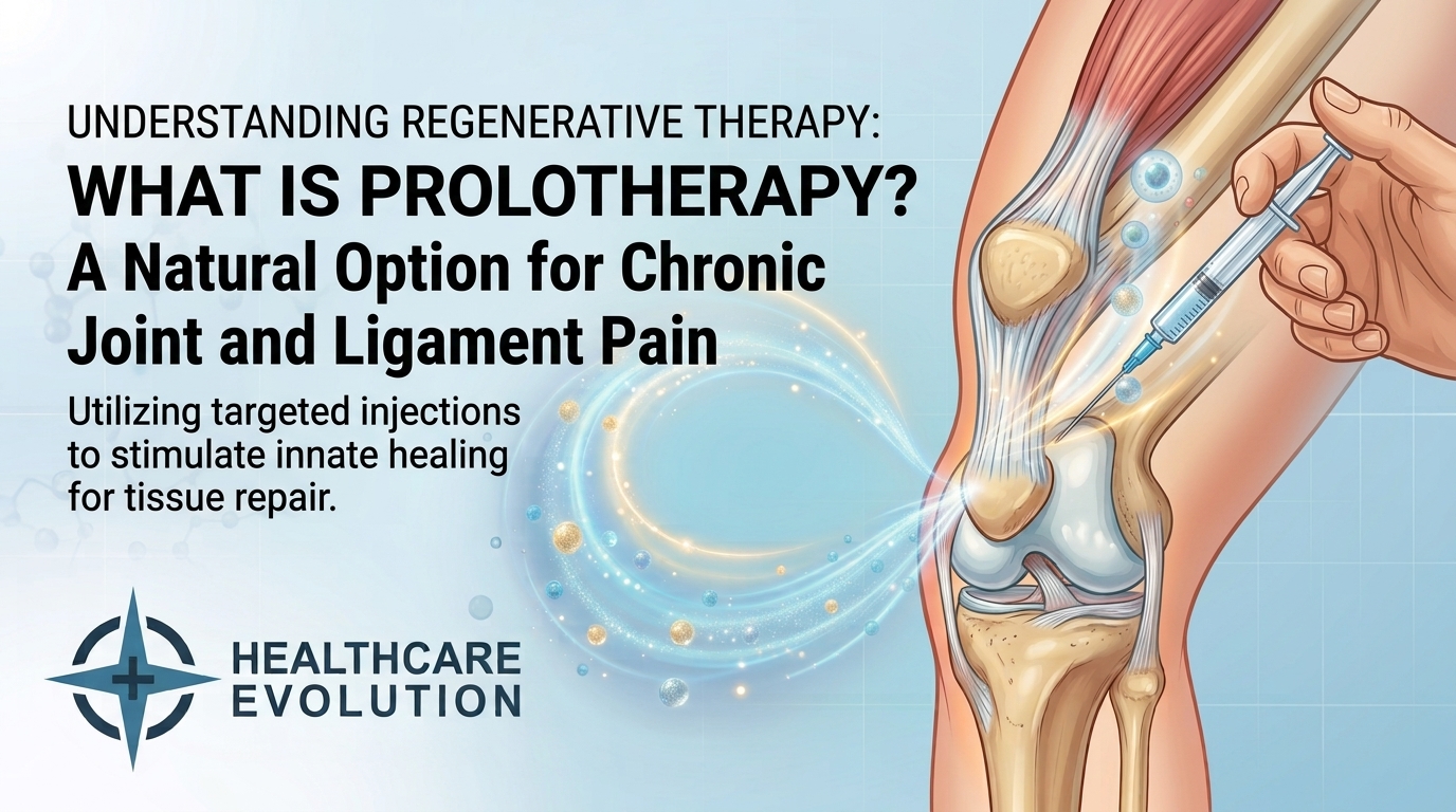 Prolotherapy cover from Healthcare Evolution near St. Louis, reading What Is Prolotherapy, on natural injections for chronic joint and ligament pain.