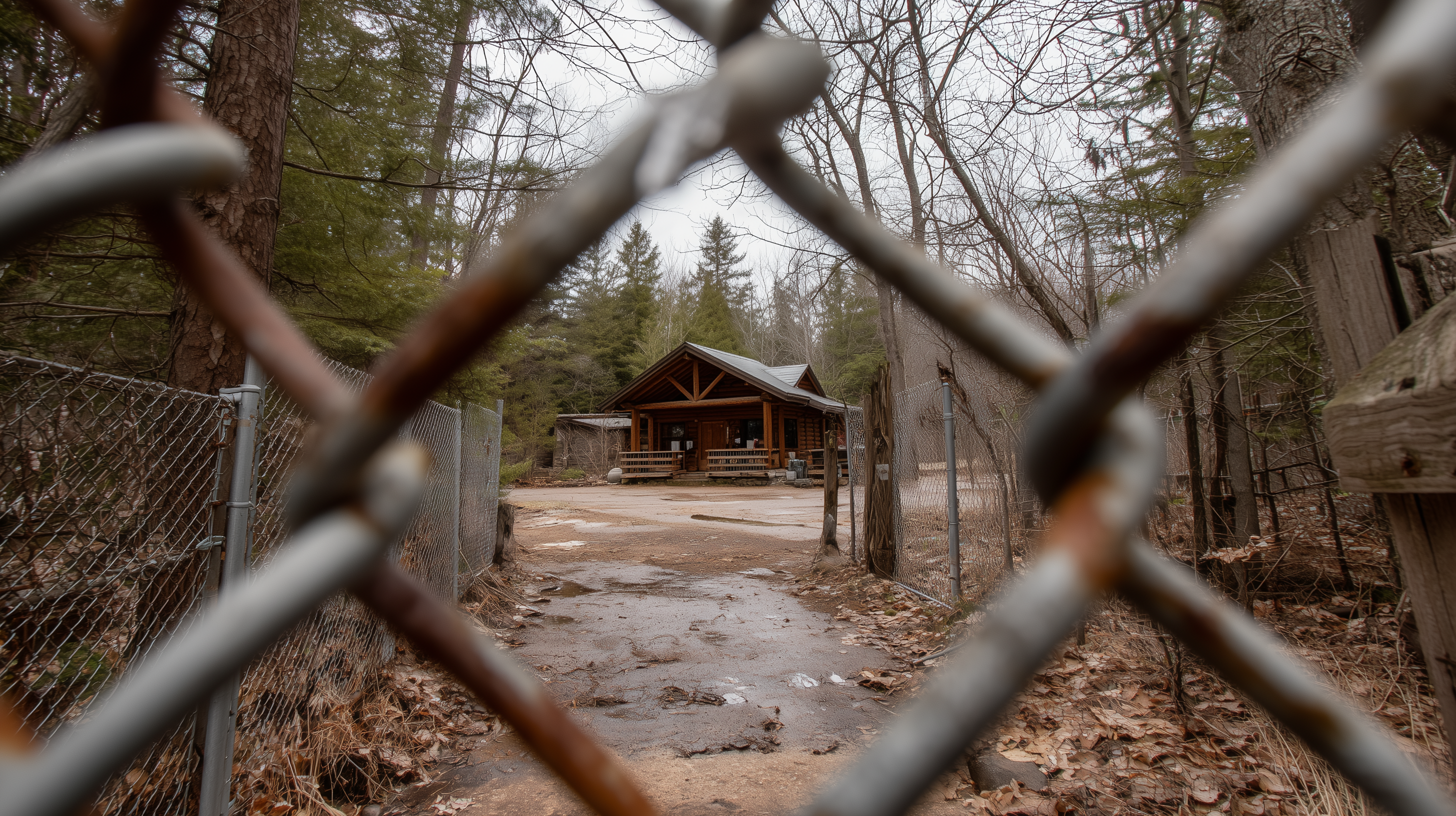 A padlocked gate blocks the path to a wooden outdoor education building surrounded by forest, under an overcast sky. A padlocked gate blocks the path to a wooden outdoor education building surrounded by forest, under an overcast sky.
