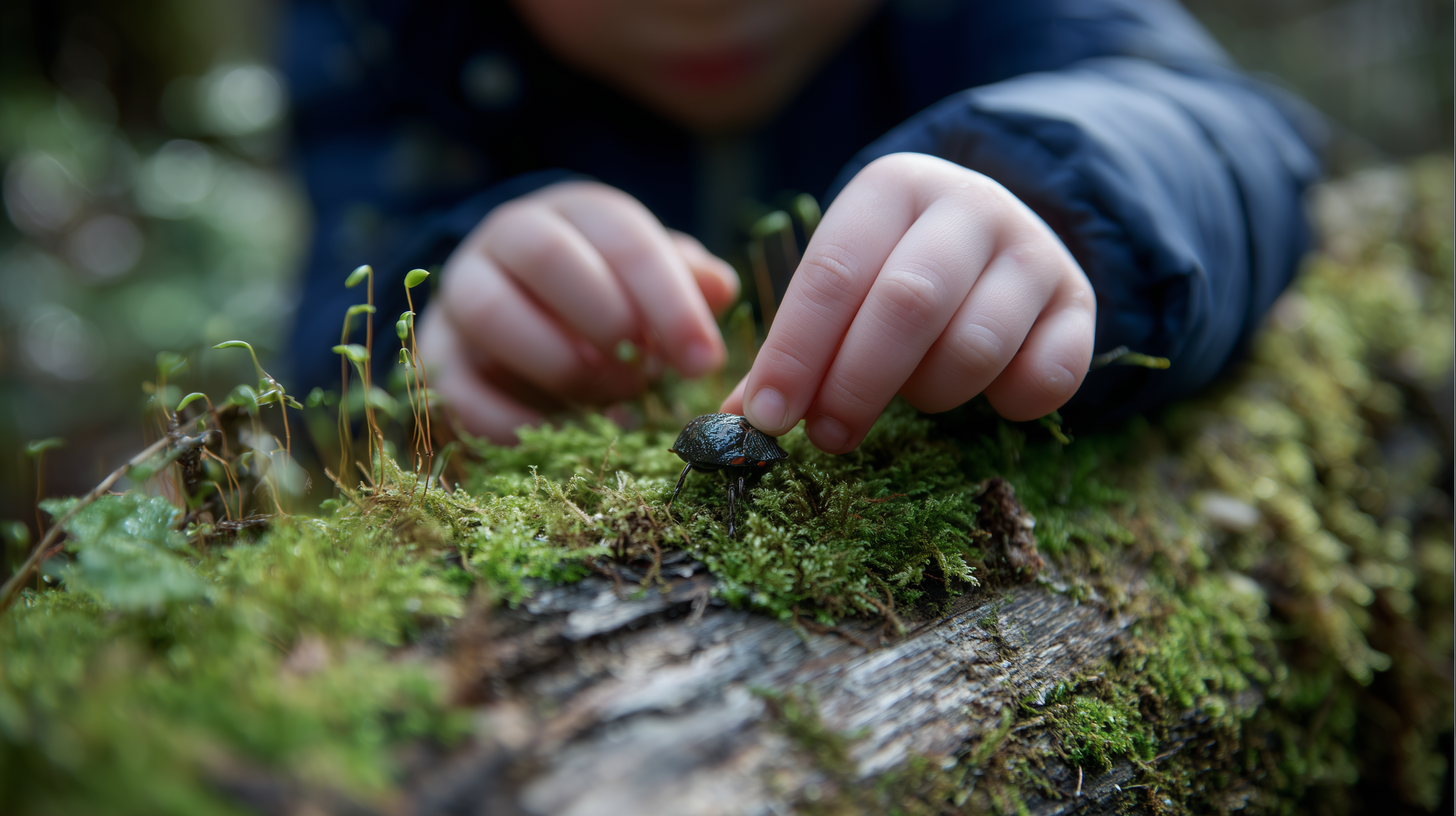 A child's hands gently hold a leaf above a moss-covered log during an outdoor education activity, face not shown. A child's hands gently hold a leaf above a moss-covered log during an outdoor education activity, face not shown.