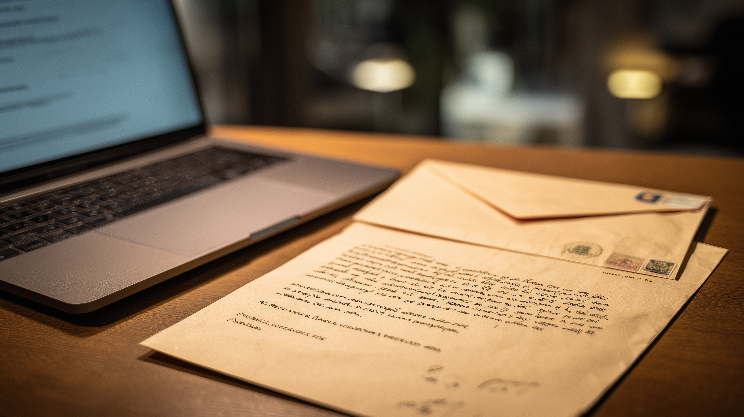 A letter addressed to a provincial representative sits on a desk beside a laptop, ready to be sent. A letter addressed to a provincial representative sits on a desk beside a laptop, ready to be sent.