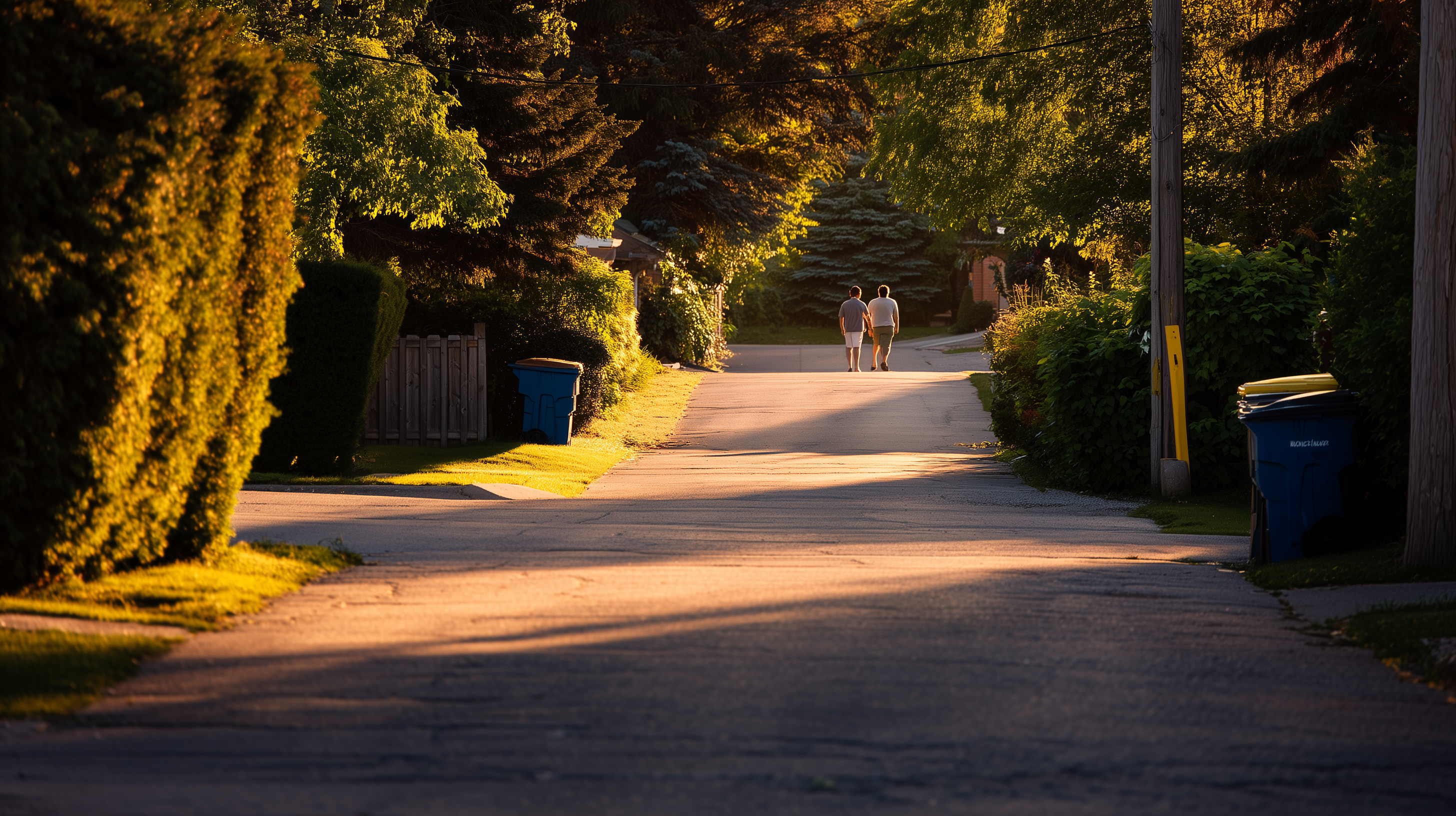 Two neighbours stand talking at the end of a driveway on a quiet suburban street at golden hour, seen from a distance. Two neighbours stand talking at the end of a driveway on a quiet suburban street at golden hour, seen from a distance.