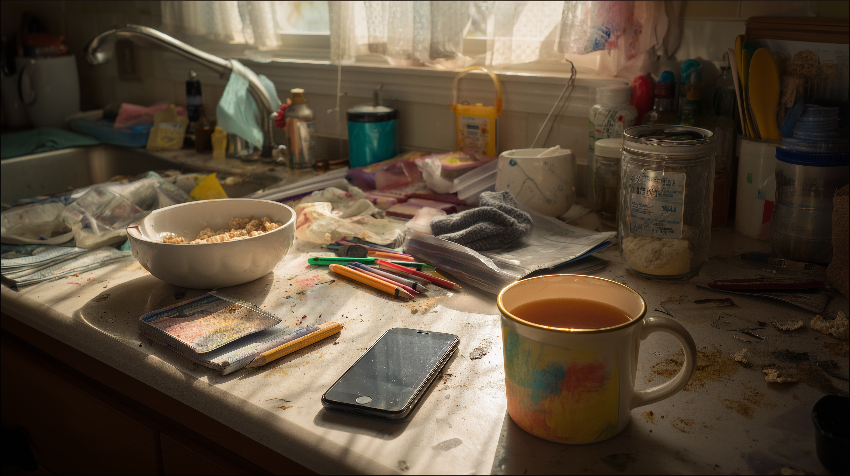 A smartphone lies face-down on a cluttered kitchen counter beside a cereal bowl and a mug of tea in morning light. A smartphone lies face-down on a cluttered kitchen counter beside a cereal bowl and a mug of tea in morning light.