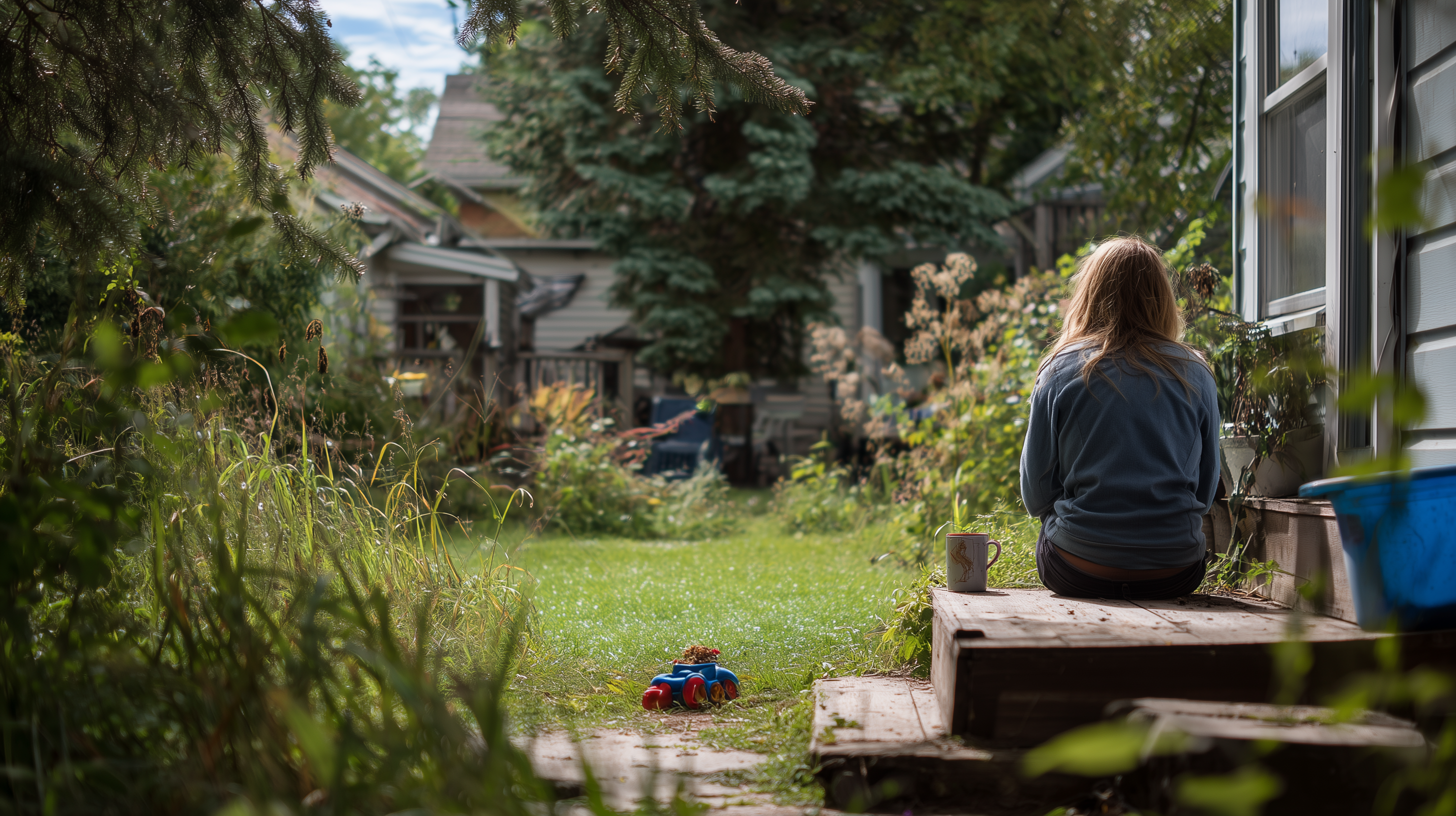 A woman sits on a back porch step holding a mug, seen from behind, with a child's toy left in the grass nearby. A woman sits on a back porch step holding a mug, seen from behind, with a child's toy left in the grass nearby.